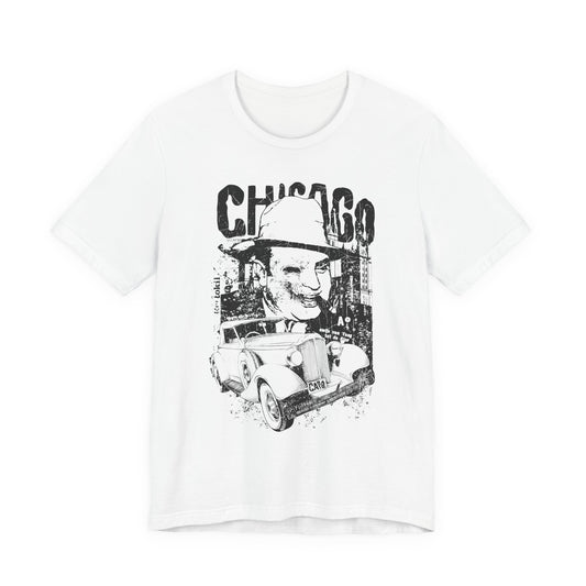 Chicago Retro Mobster Illustration Tee Vintage Car Cityscape Art Design T-Shirt A-8
