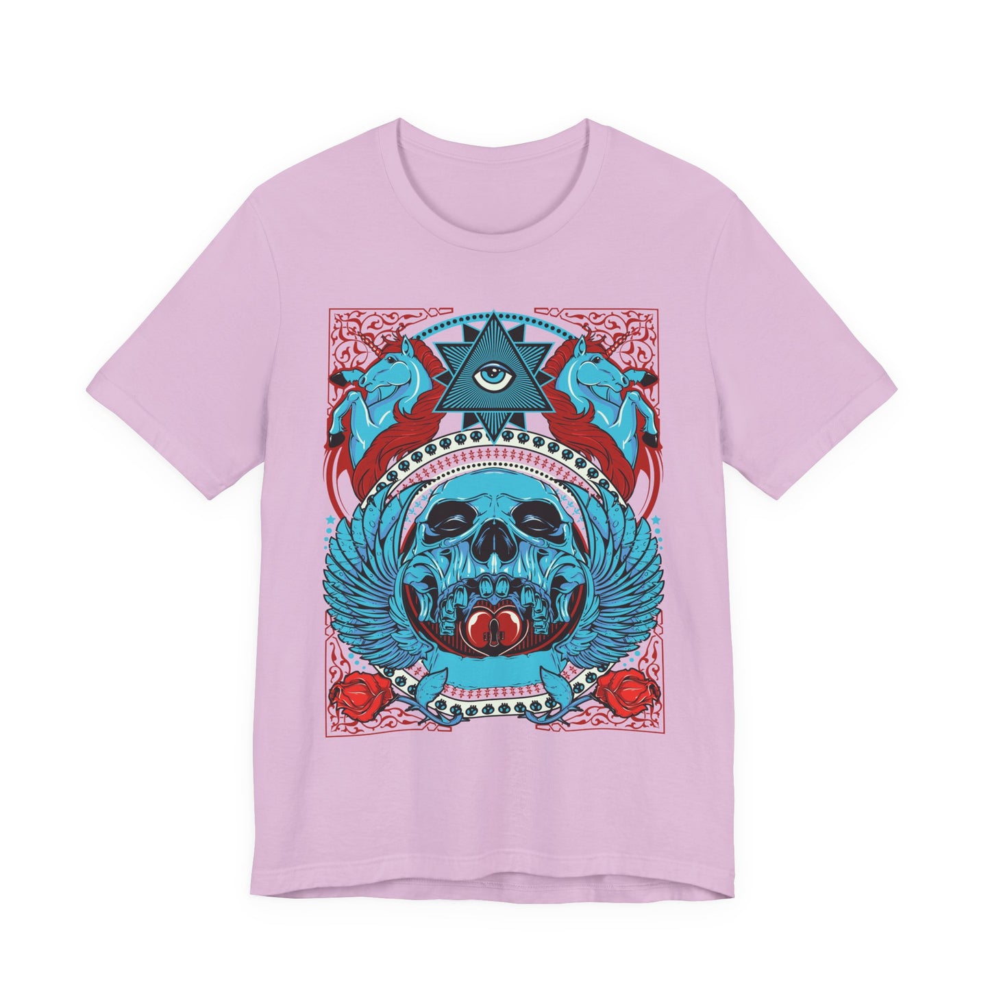 All-Seeing Skull Illustration Tee Winged Skull Third Eye Roses T-Shirt