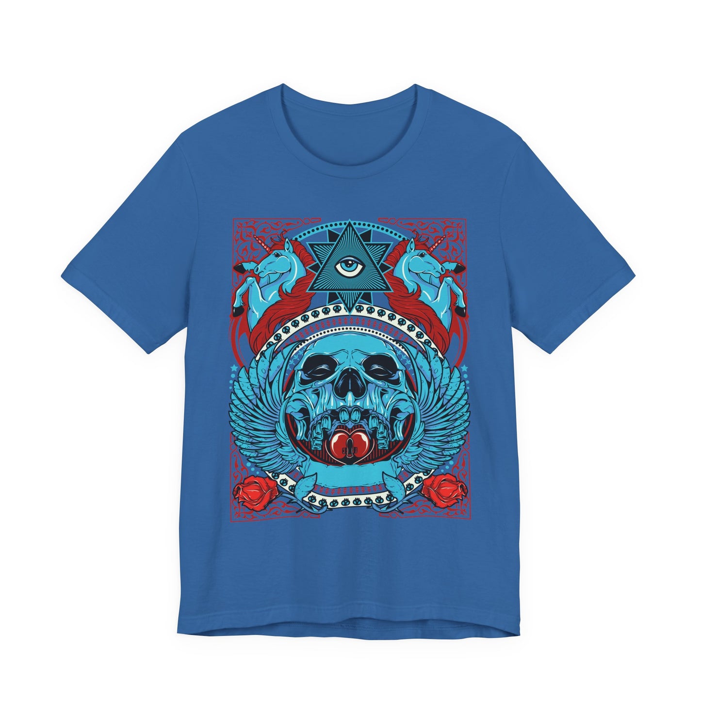 All-Seeing Skull Illustration Tee Winged Skull Third Eye Roses T-Shirt