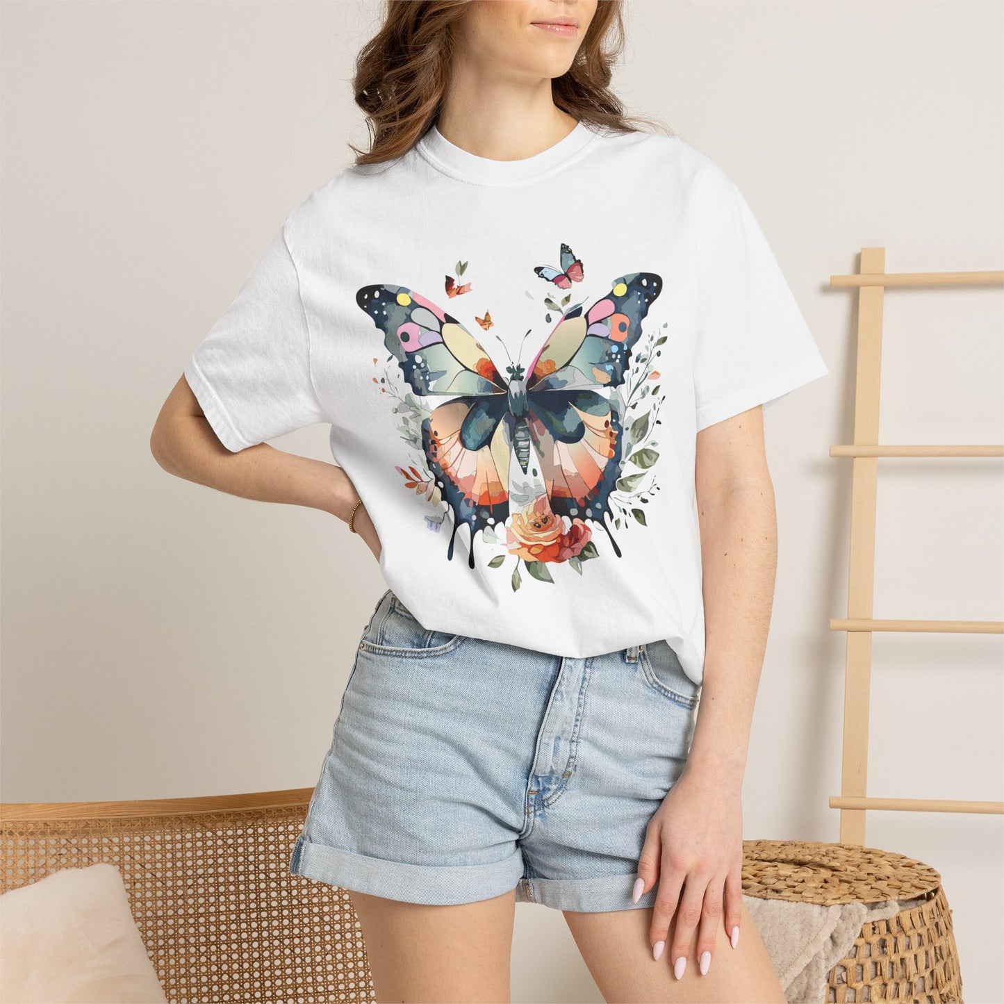 Butterfly Floral Print T-Shirt Botanical Design Unisex Heavy Cotton Tee b3