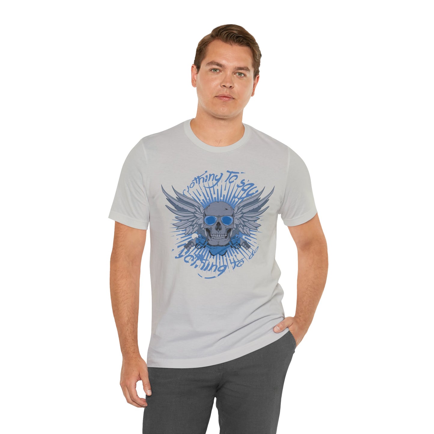 Winged Skull Graphic Tee | Blue Skull with Wings, Radiant Burst