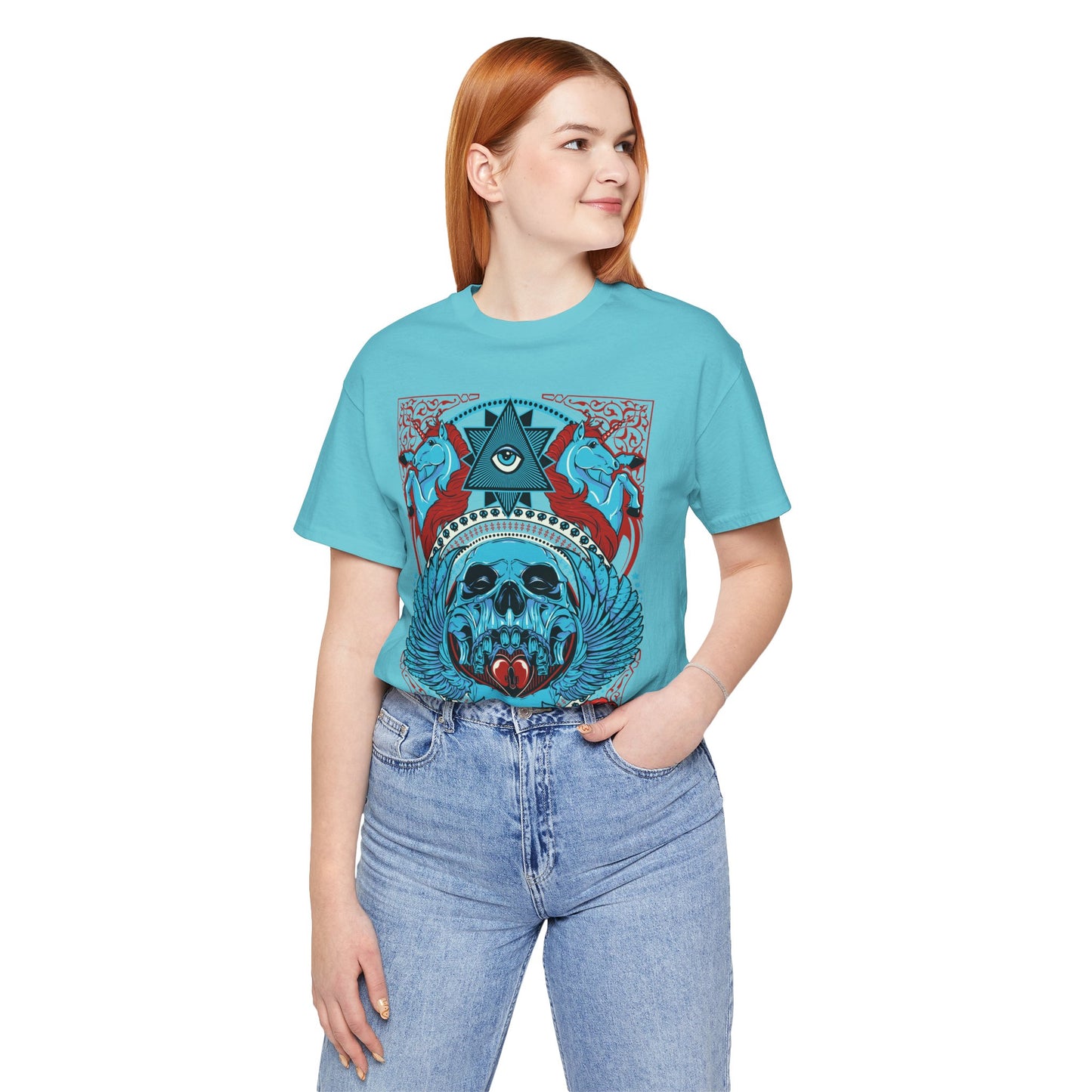 All-Seeing Skull Illustration Tee Winged Skull Third Eye Roses T-Shirt