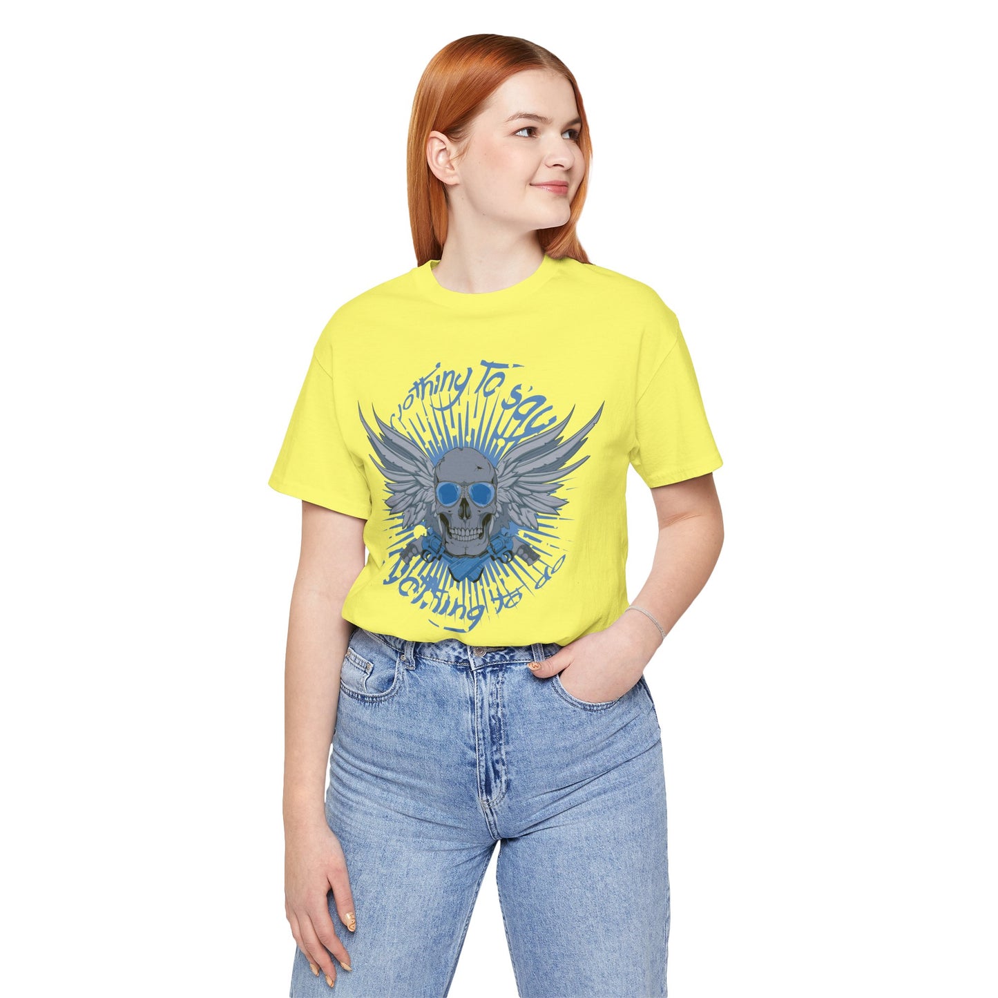 Winged Skull Graphic Tee | Blue Skull with Wings, Radiant Burst