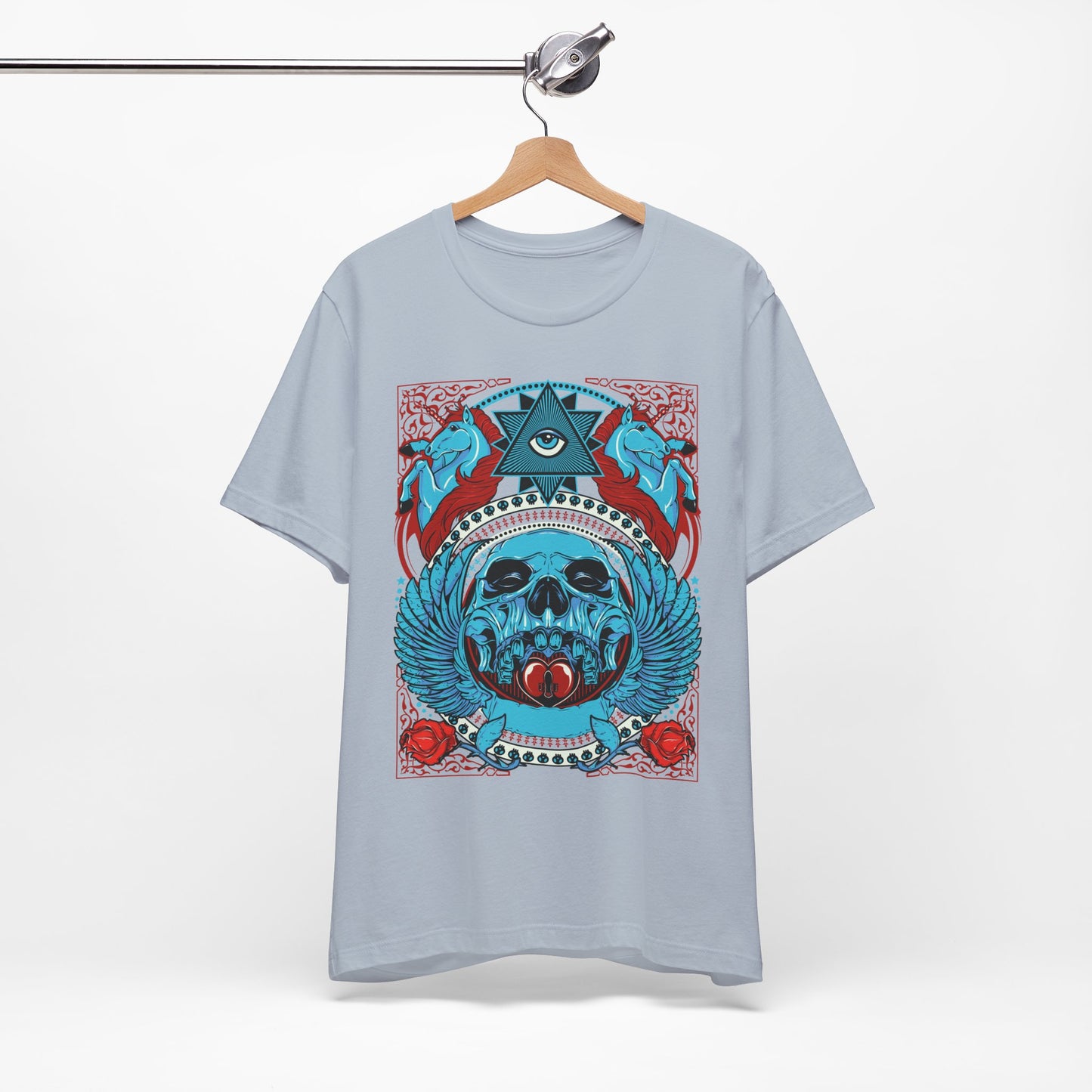 All-Seeing Skull Illustration Tee Winged Skull Third Eye Roses T-Shirt