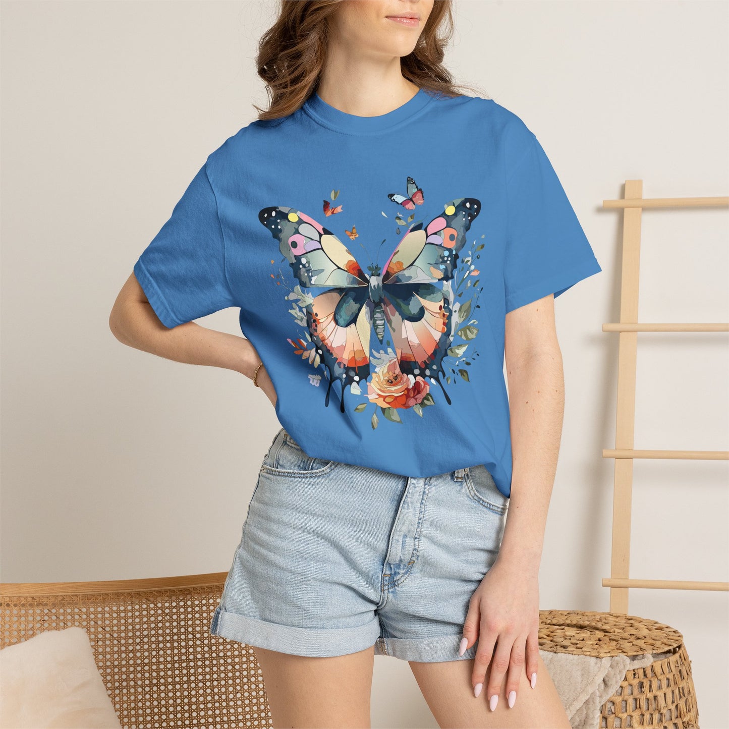 Butterfly Floral Print T-Shirt Botanical Design Unisex Heavy Cotton Tee b3