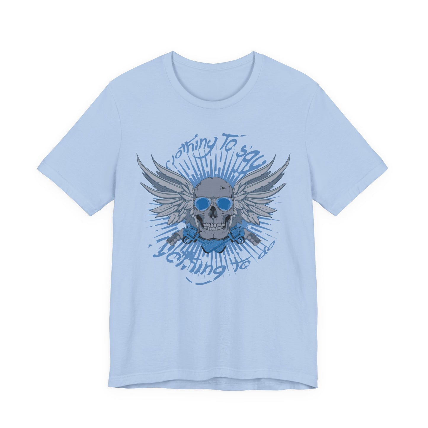 Winged Skull Graphic Tee | Blue Skull with Wings, Radiant Burst