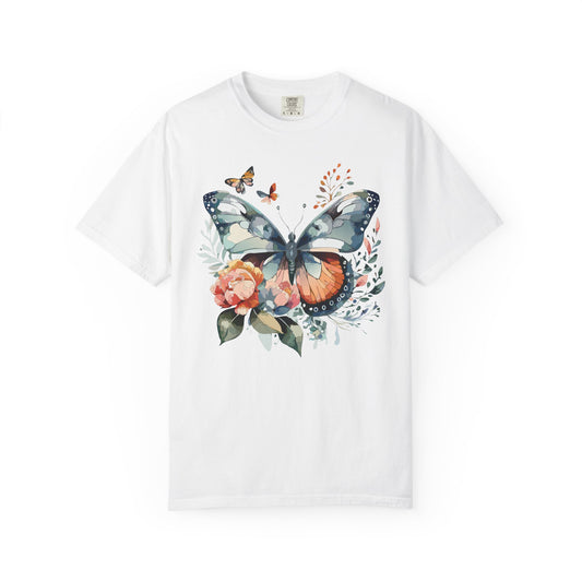 Butterfly Floral Print T-Shirt Botanical Design Unisex Heavy Cotton Tee b1