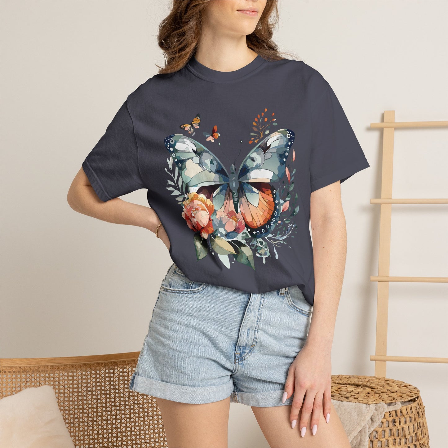 Butterfly Floral Print T-Shirt Botanical Design Unisex Heavy Cotton Tee b1