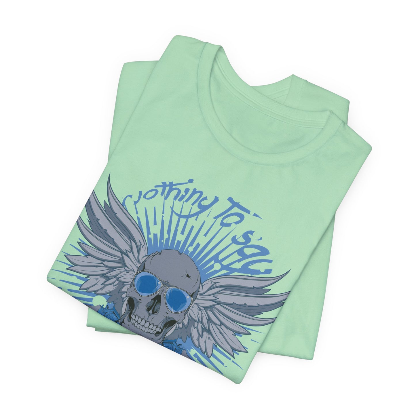 Winged Skull Graphic Tee | Blue Skull with Wings, Radiant Burst