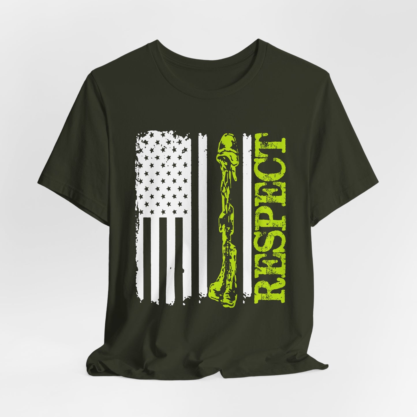Respect Flag Rifle T-Shirt American Flag, Rifle Silhouette Military Tribute Unisex Cotton v57