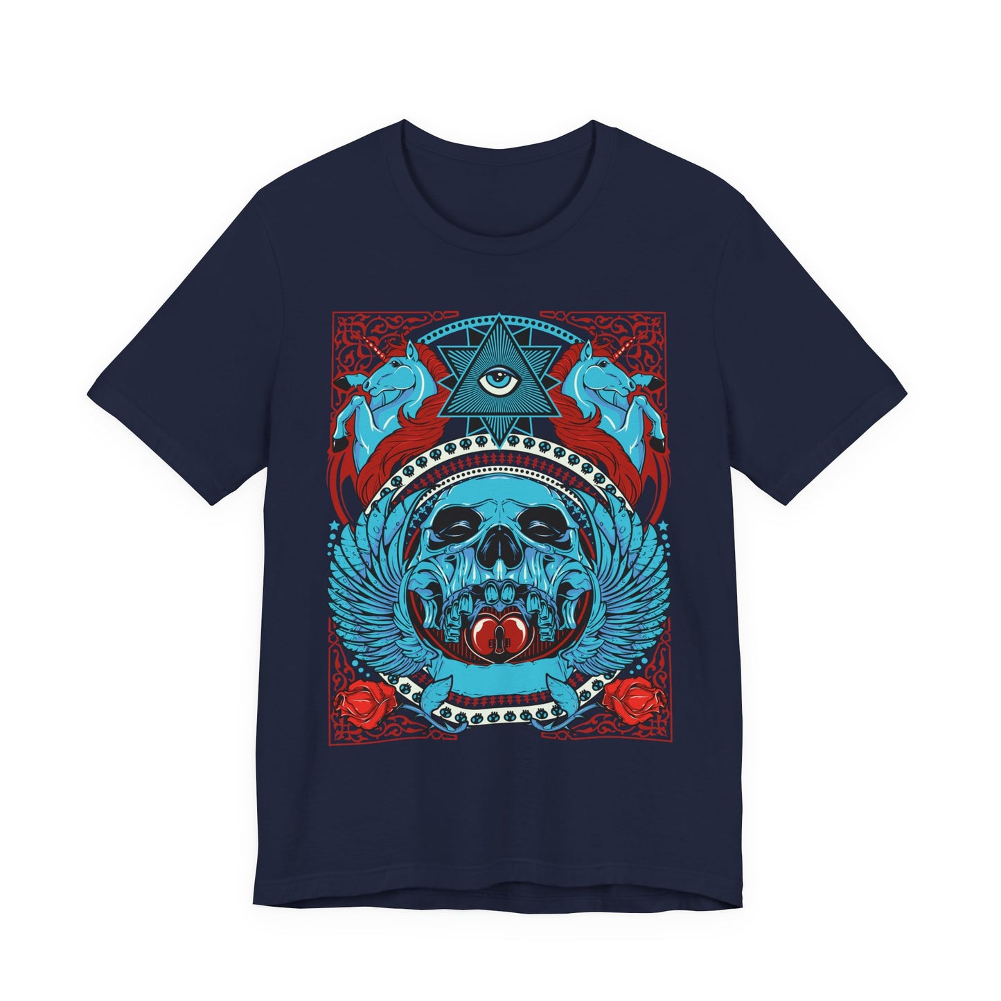 All-Seeing Skull Illustration Tee Winged Skull Third Eye Roses T-Shirt