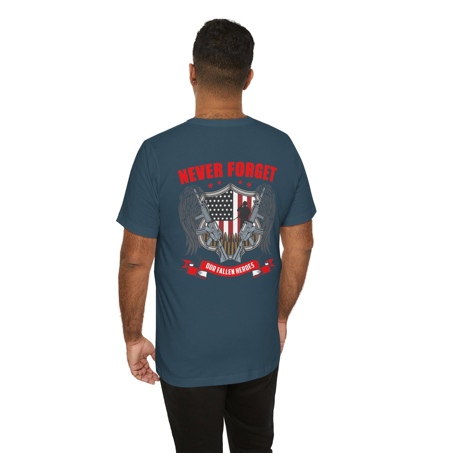 Never Forget Our Fallen Heroes T-Shirt American Flag Shield Eagles Unisex Cotton v39