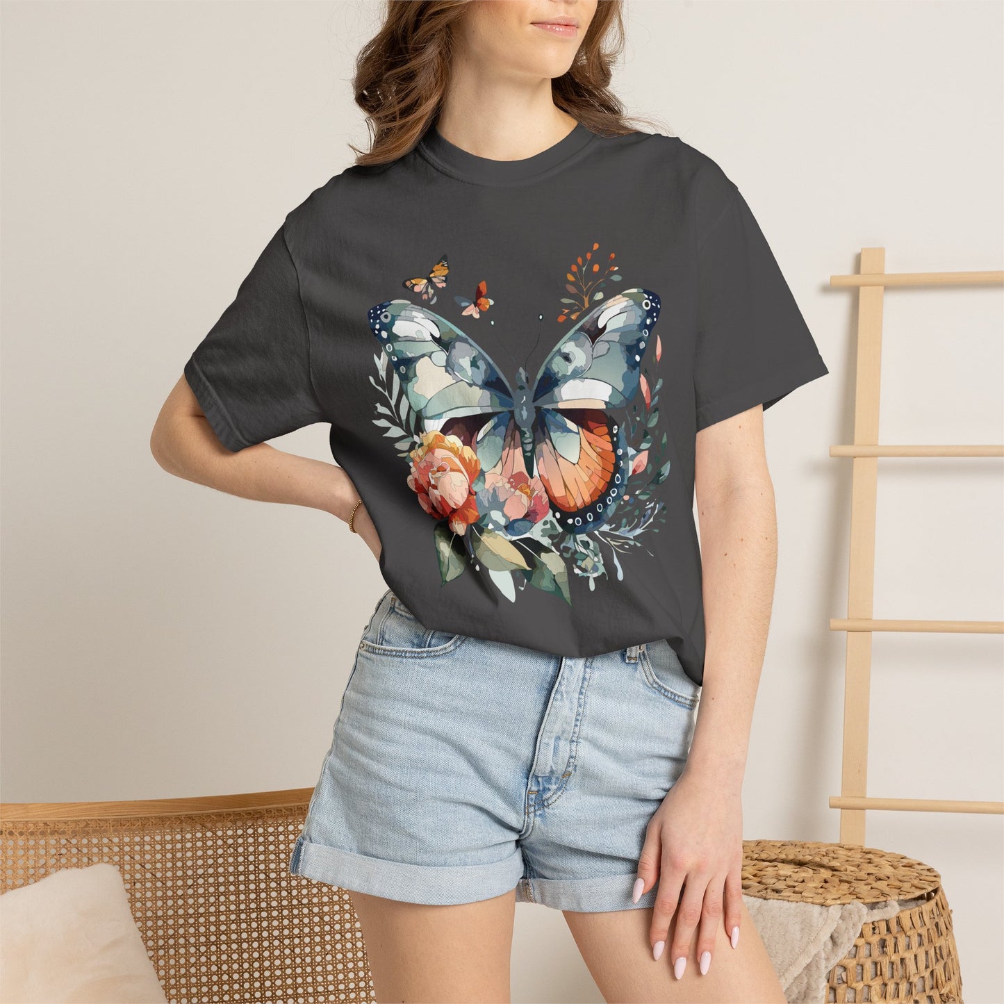 Butterfly Floral Print T-Shirt Botanical Design Unisex Heavy Cotton Tee b1
