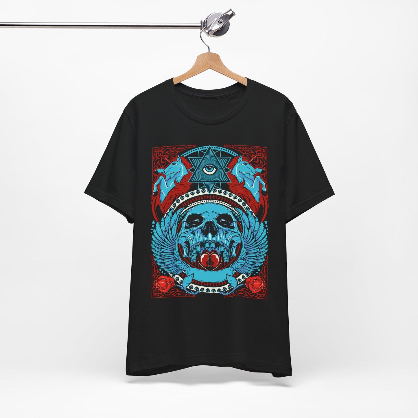 All-Seeing Skull Illustration Tee Winged Skull Third Eye Roses T-Shirt