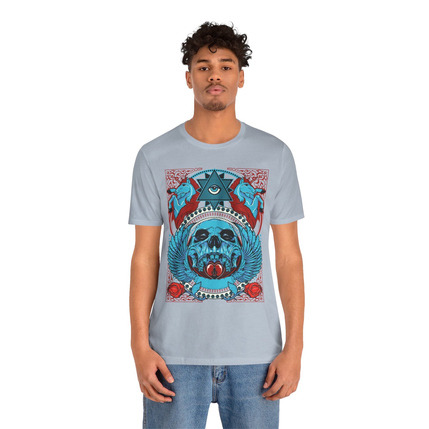 All-Seeing Skull Illustration Tee Winged Skull Third Eye Roses T-Shirt