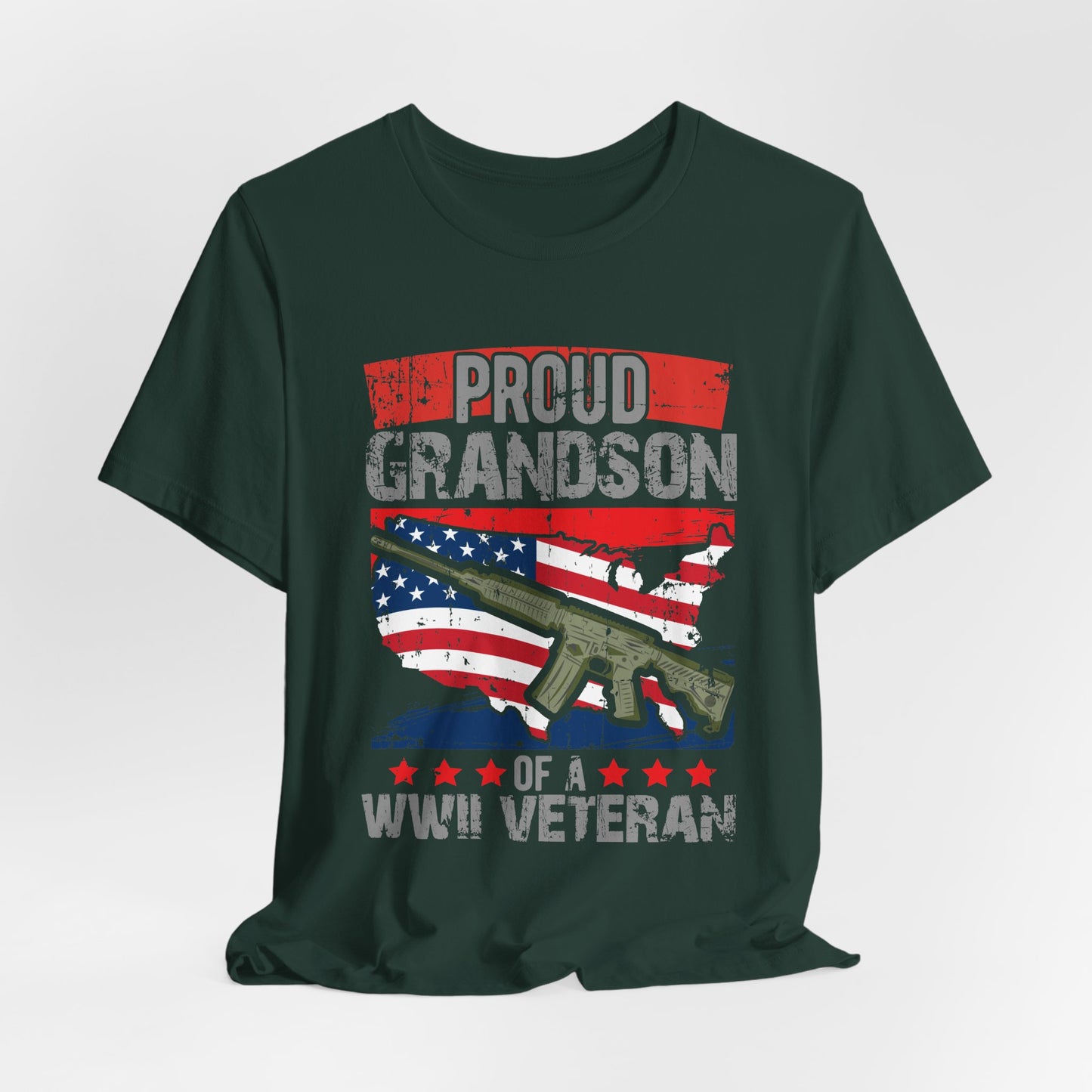 Proud Grandson of a WWII Veteran T-Shirt American Flag Rifle Graphic Unisex Cotton v16