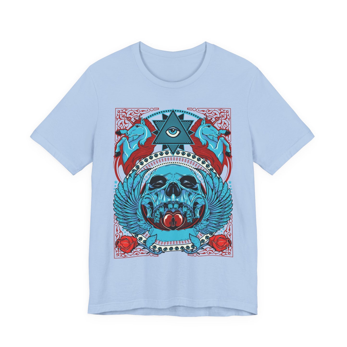 All-Seeing Skull Illustration Tee Winged Skull Third Eye Roses T-Shirt