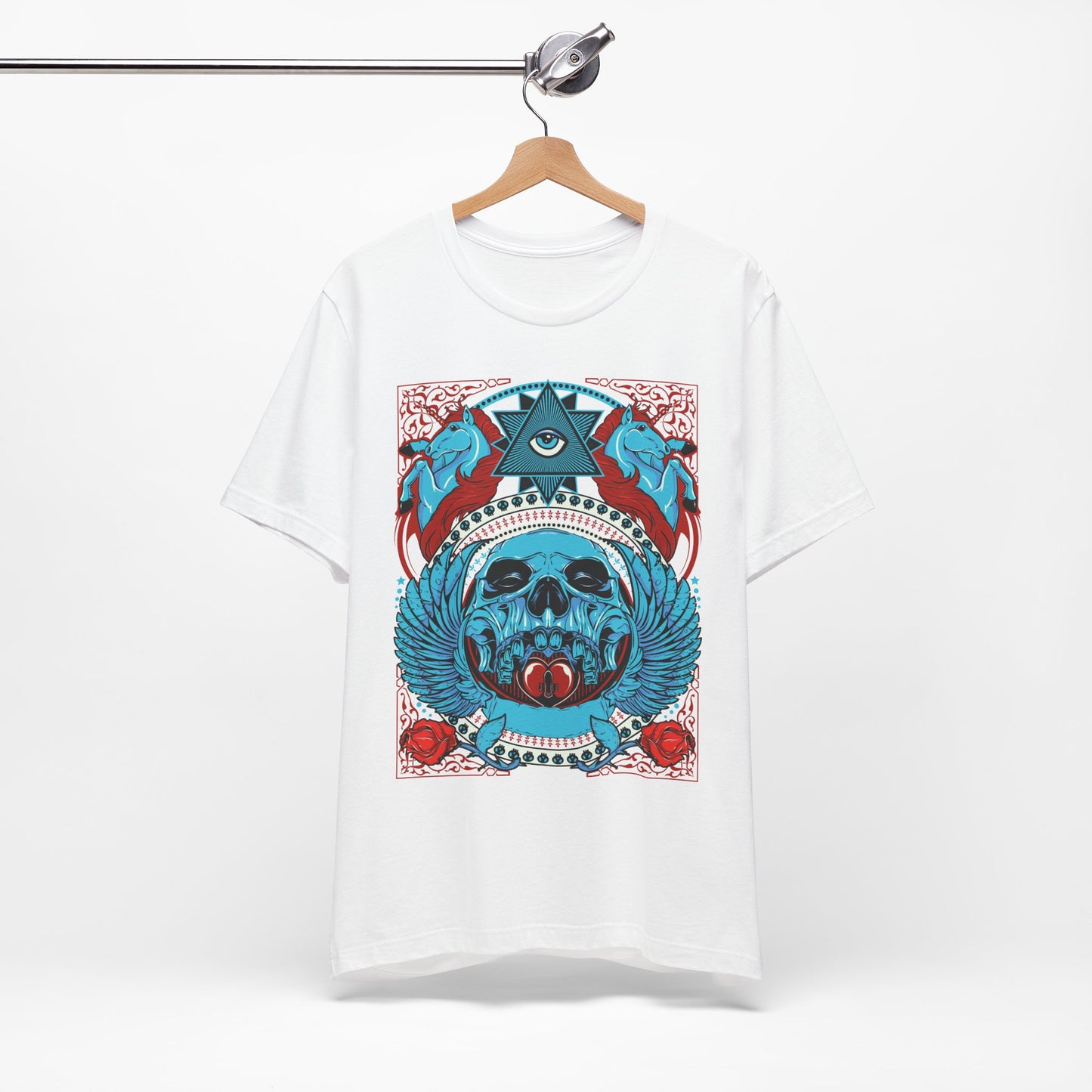 All-Seeing Skull Illustration Tee Winged Skull Third Eye Roses T-Shirt