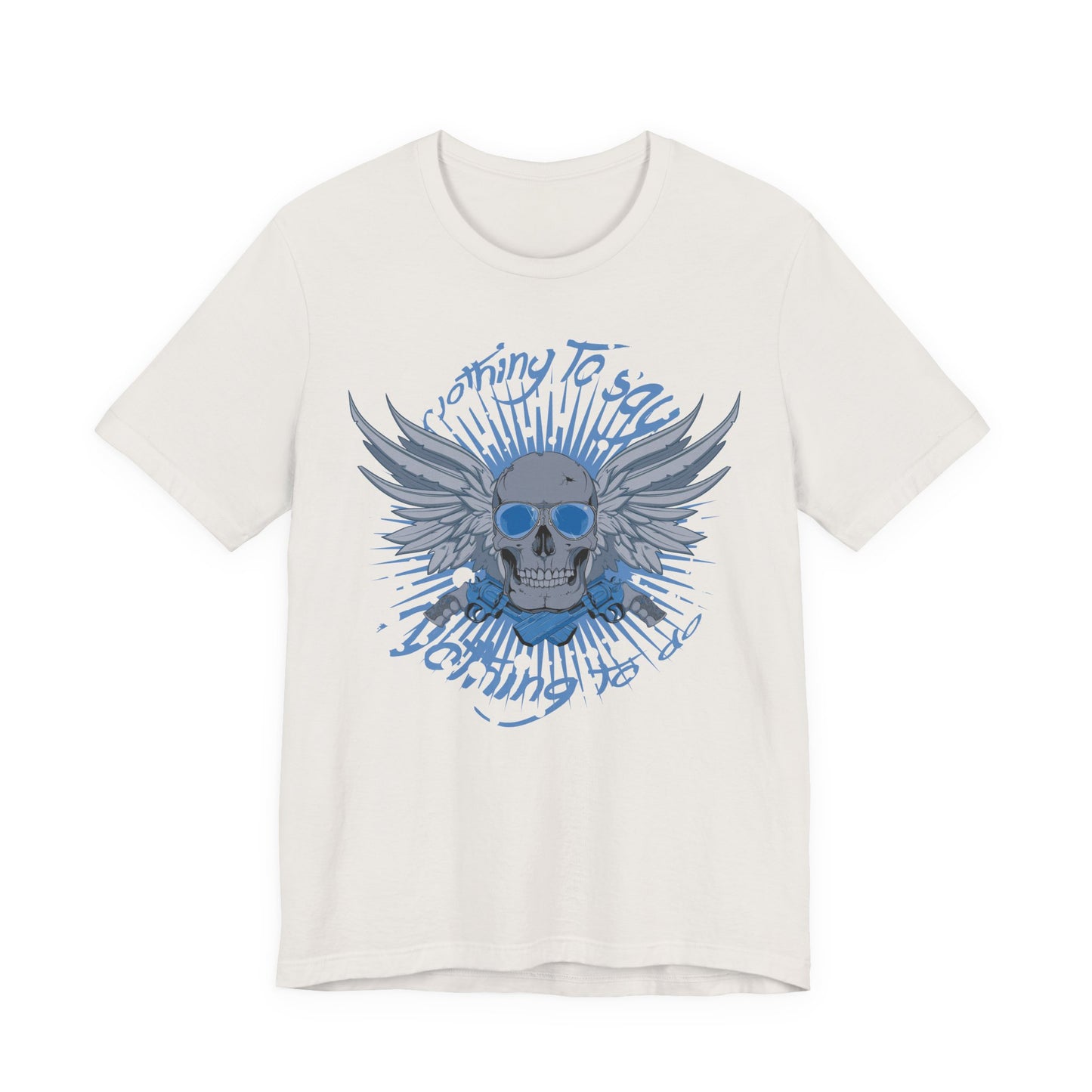 Winged Skull Graphic Tee | Blue Skull with Wings, Radiant Burst