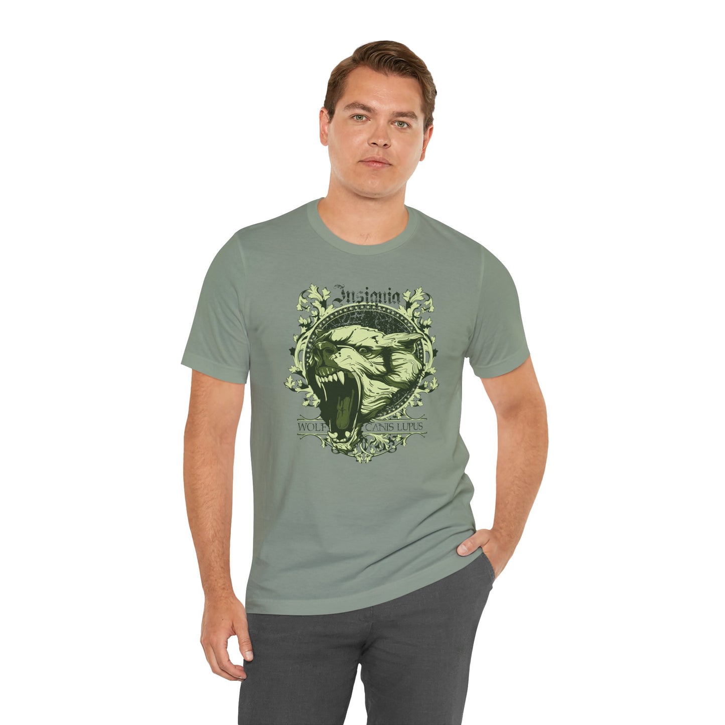 Howling Wolf Skull Tee Gothic Vintage Crest, Green Graphic Shirt Art-54