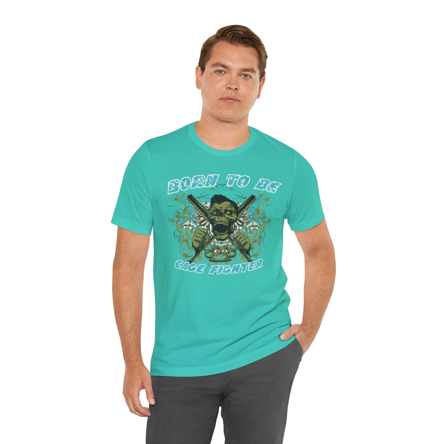 Born To Be Cage Fighter Tee Skull Crossed Knives Graphic T-Shirt