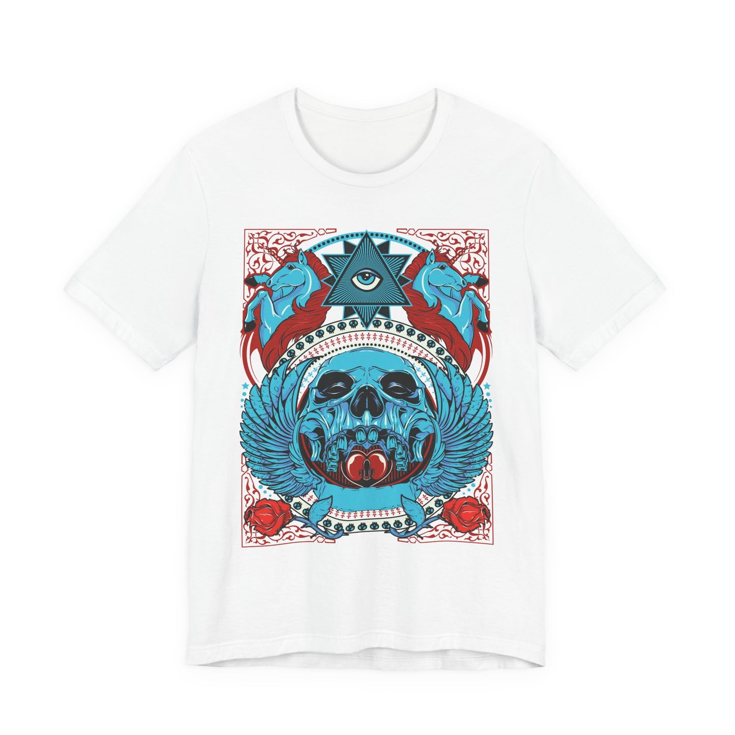 All-Seeing Skull Illustration Tee Winged Skull Third Eye Roses T-Shirt
