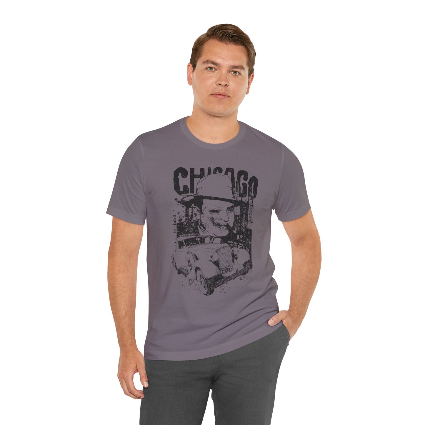 Chicago Retro Mobster Illustration Tee Vintage Car Cityscape Art Design T-Shirt A-8