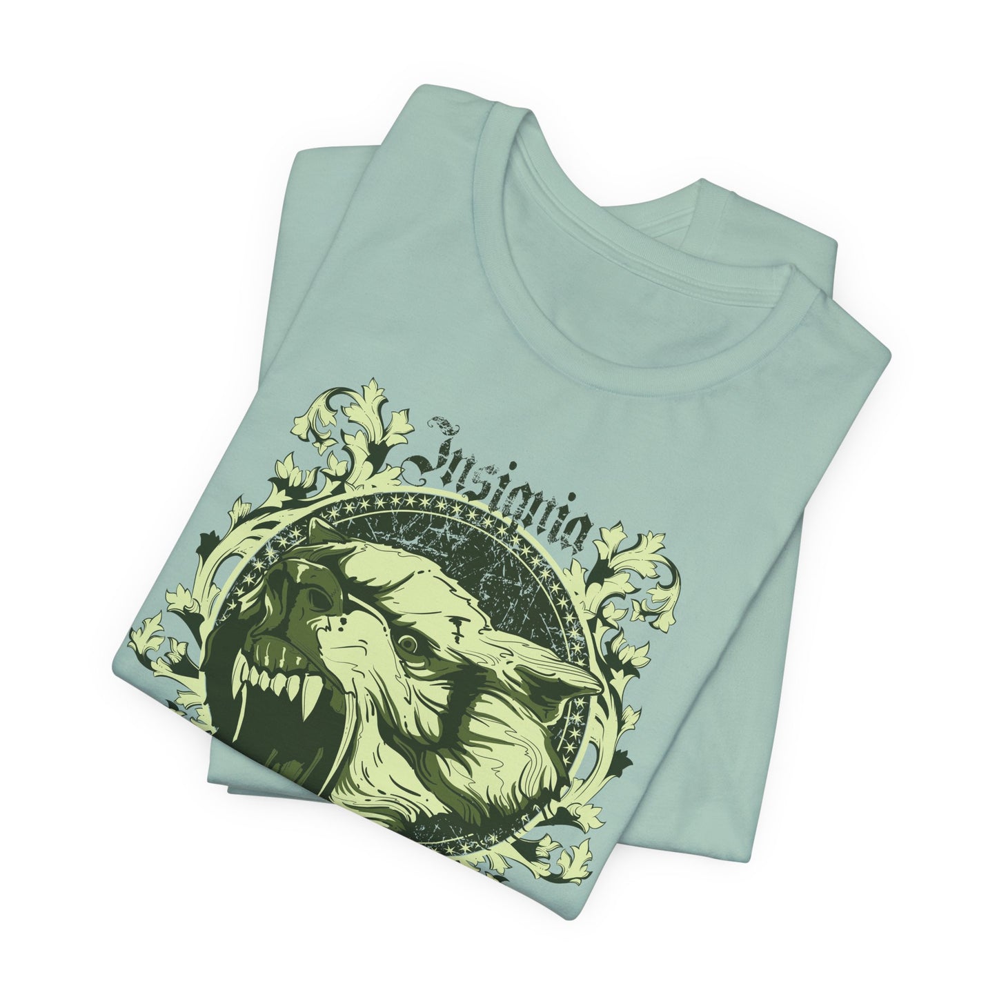 Howling Wolf Skull Tee Gothic Vintage Crest, Green Graphic Shirt Art-54