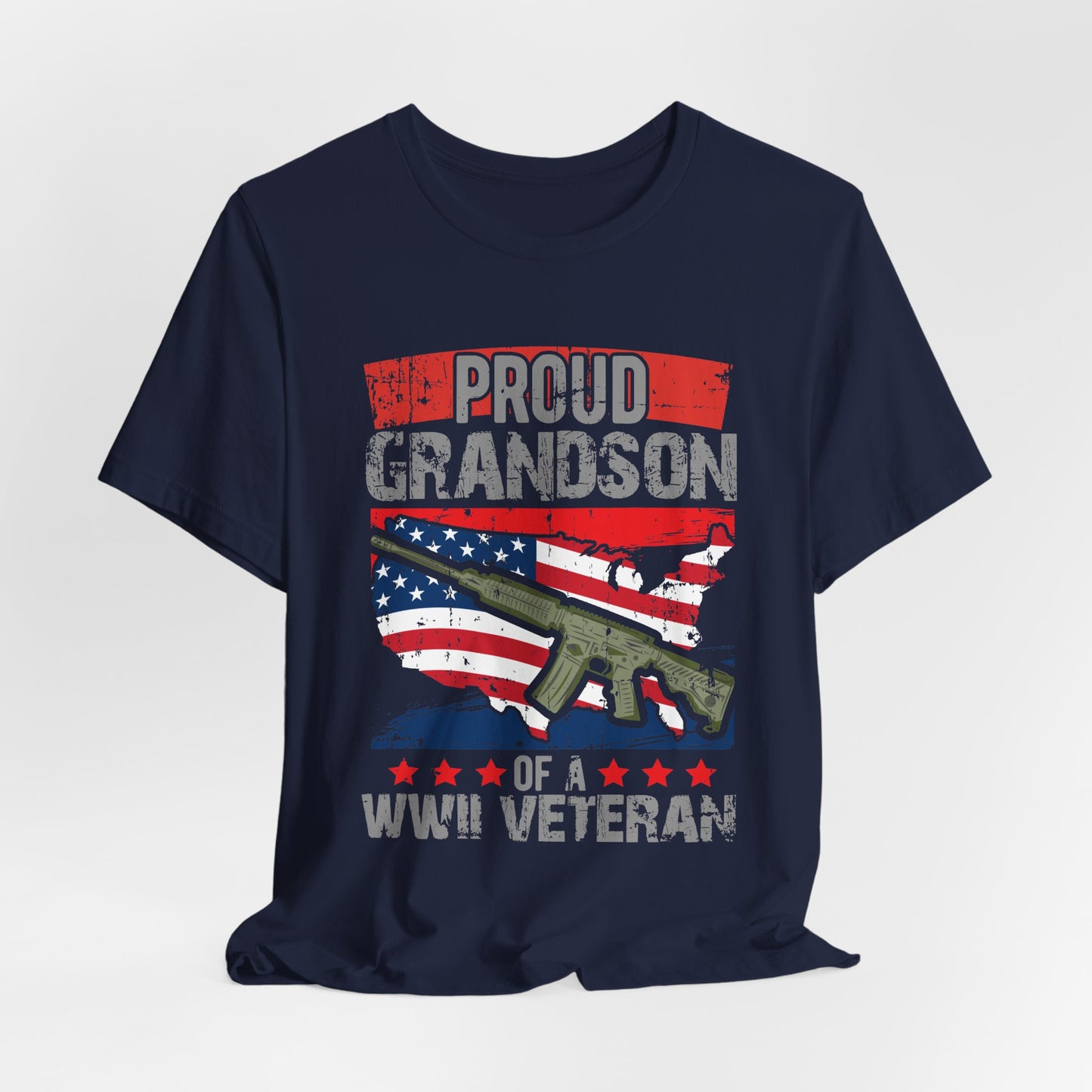 Proud Grandson of a WWII Veteran T-Shirt American Flag Rifle Graphic Unisex Cotton v16