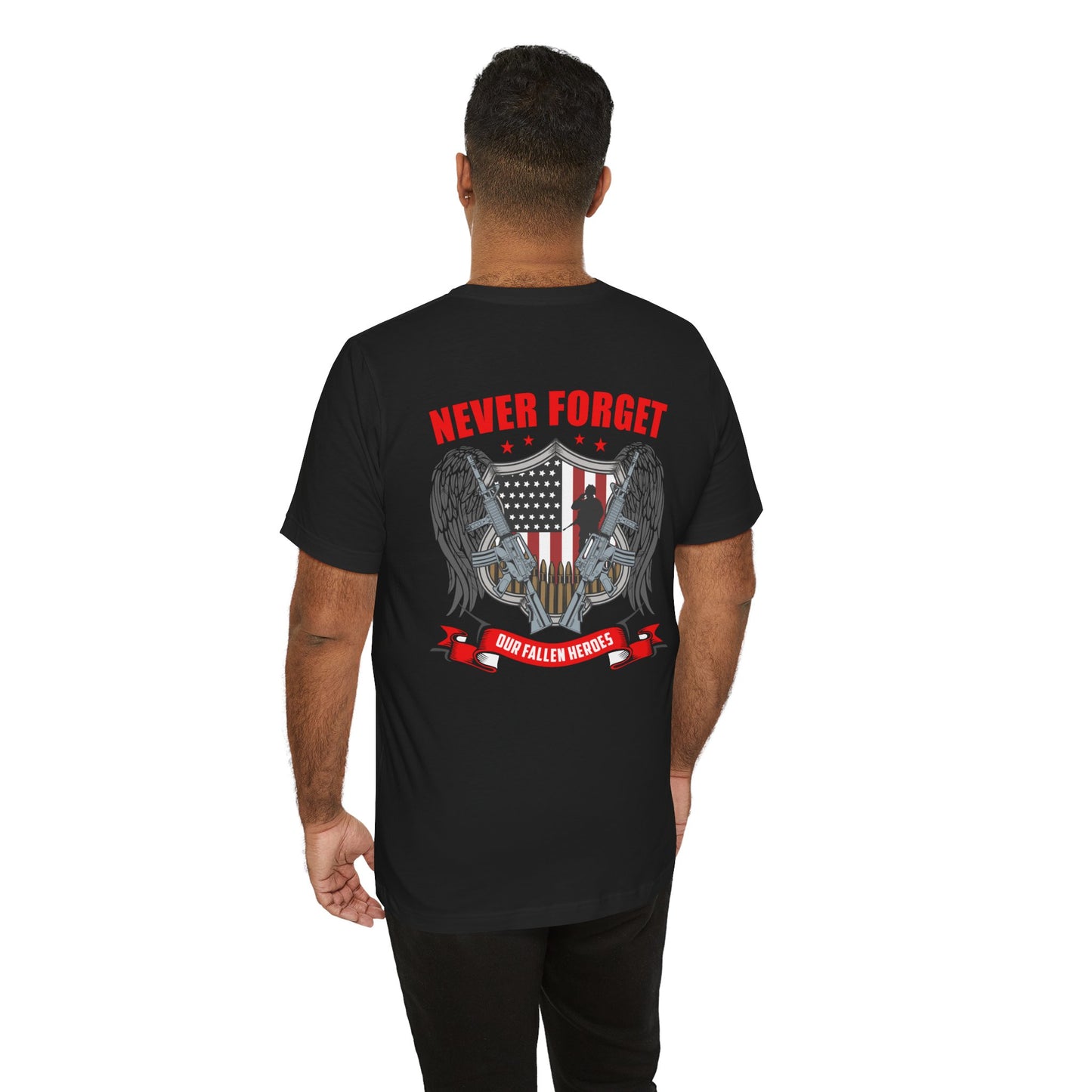 Never Forget Our Fallen Heroes T-Shirt American Flag Shield Eagles Unisex Cotton v39