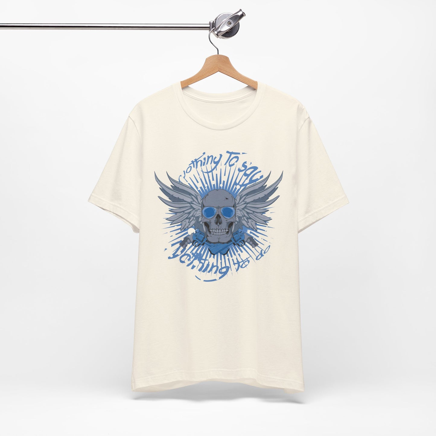 Winged Skull Graphic Tee | Blue Skull with Wings, Radiant Burst