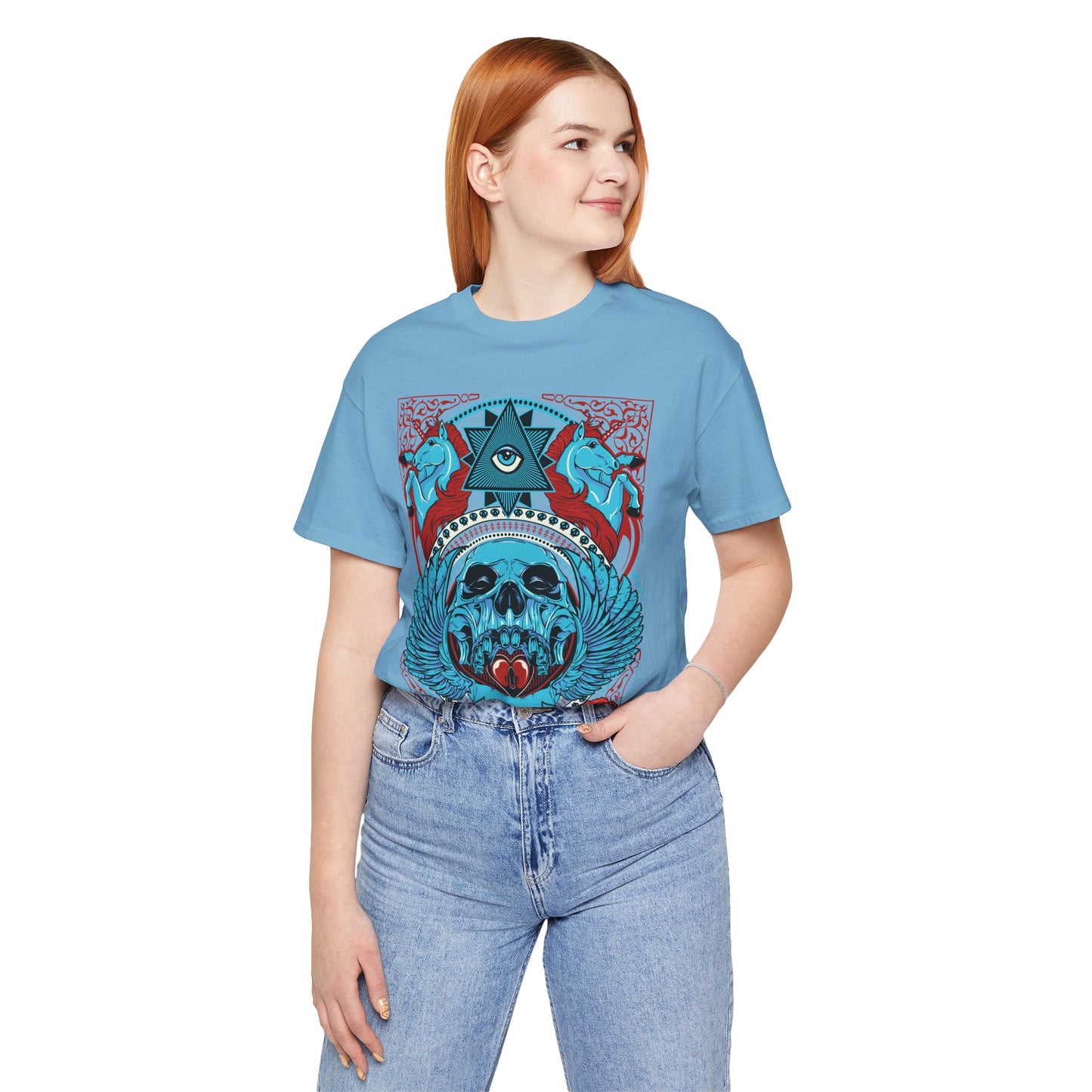 All-Seeing Skull Illustration Tee Winged Skull Third Eye Roses T-Shirt