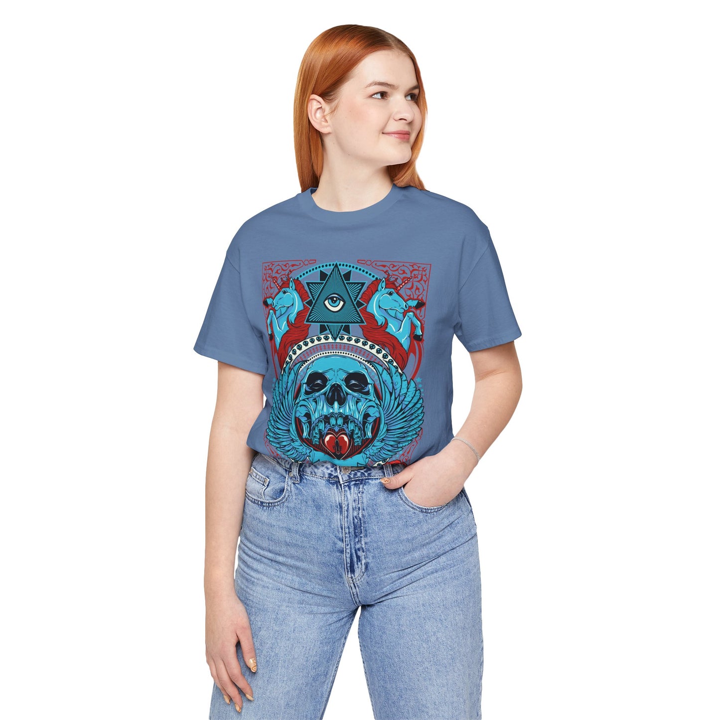 All-Seeing Skull Illustration Tee Winged Skull Third Eye Roses T-Shirt