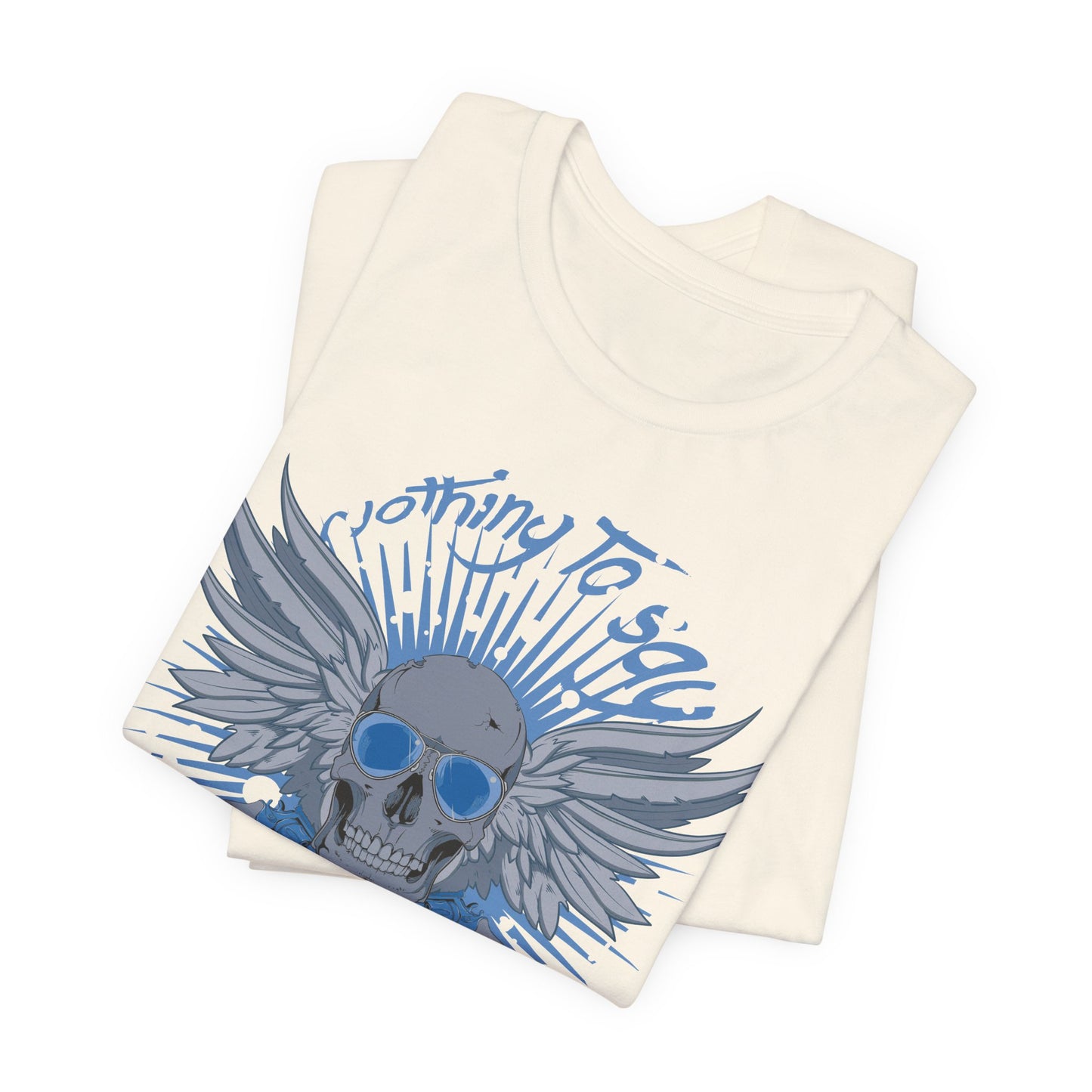 Winged Skull Graphic Tee | Blue Skull with Wings, Radiant Burst