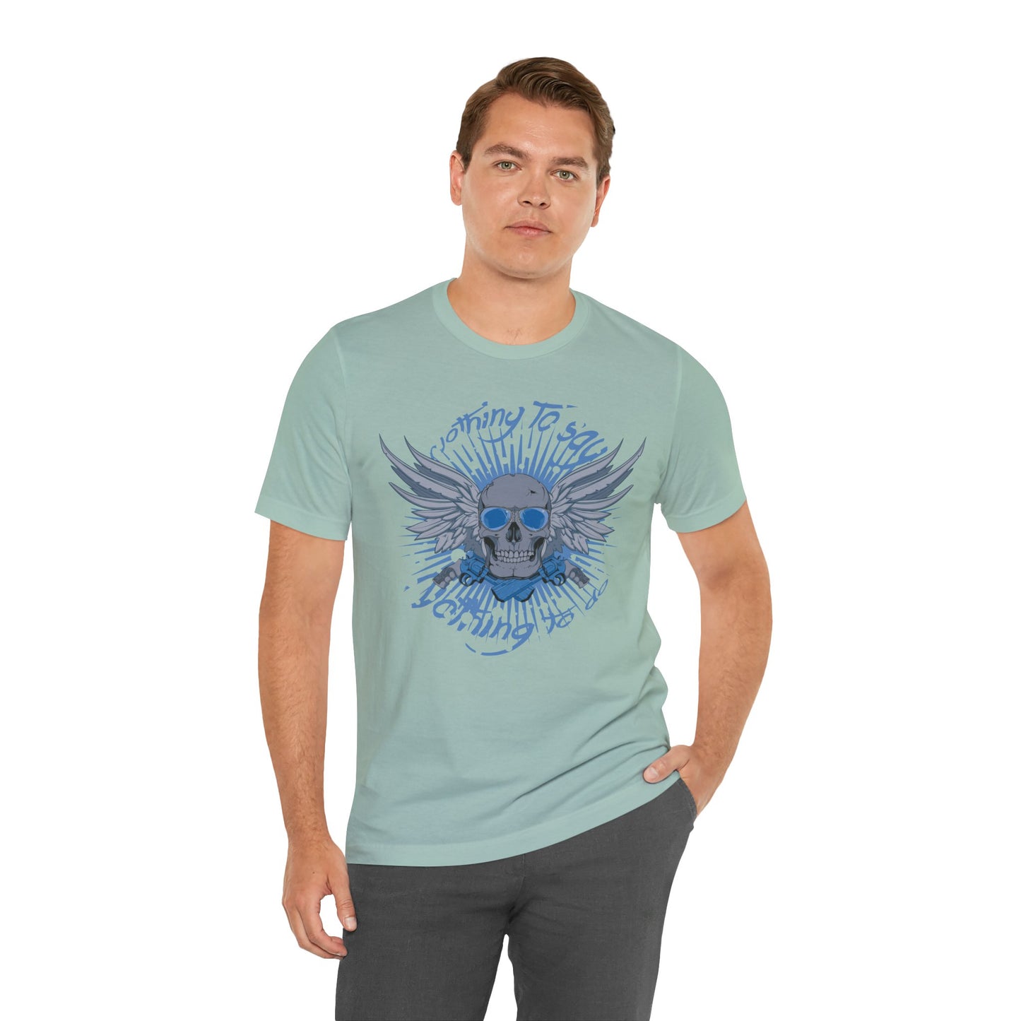 Winged Skull Graphic Tee | Blue Skull with Wings, Radiant Burst