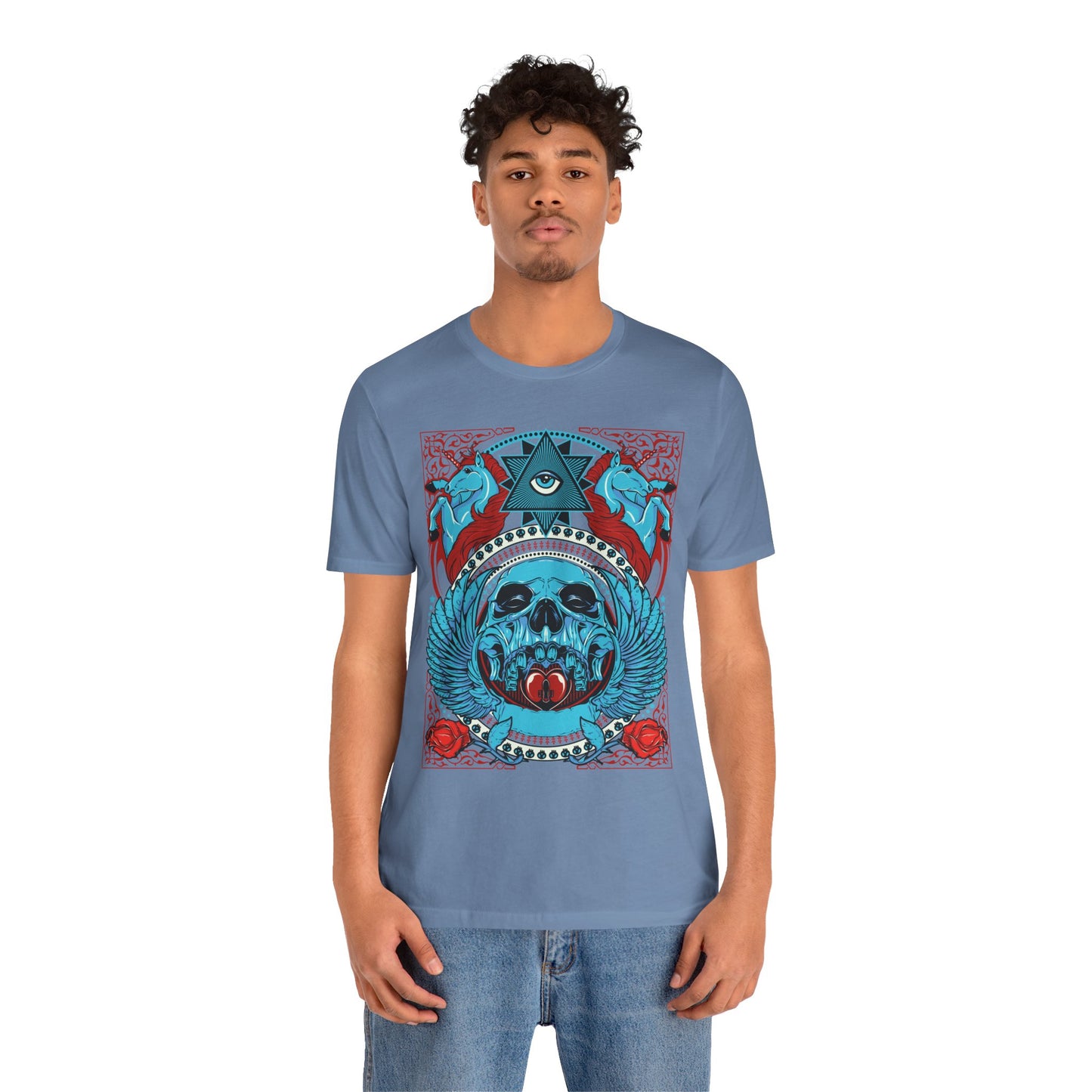 All-Seeing Skull Illustration Tee Winged Skull Third Eye Roses T-Shirt