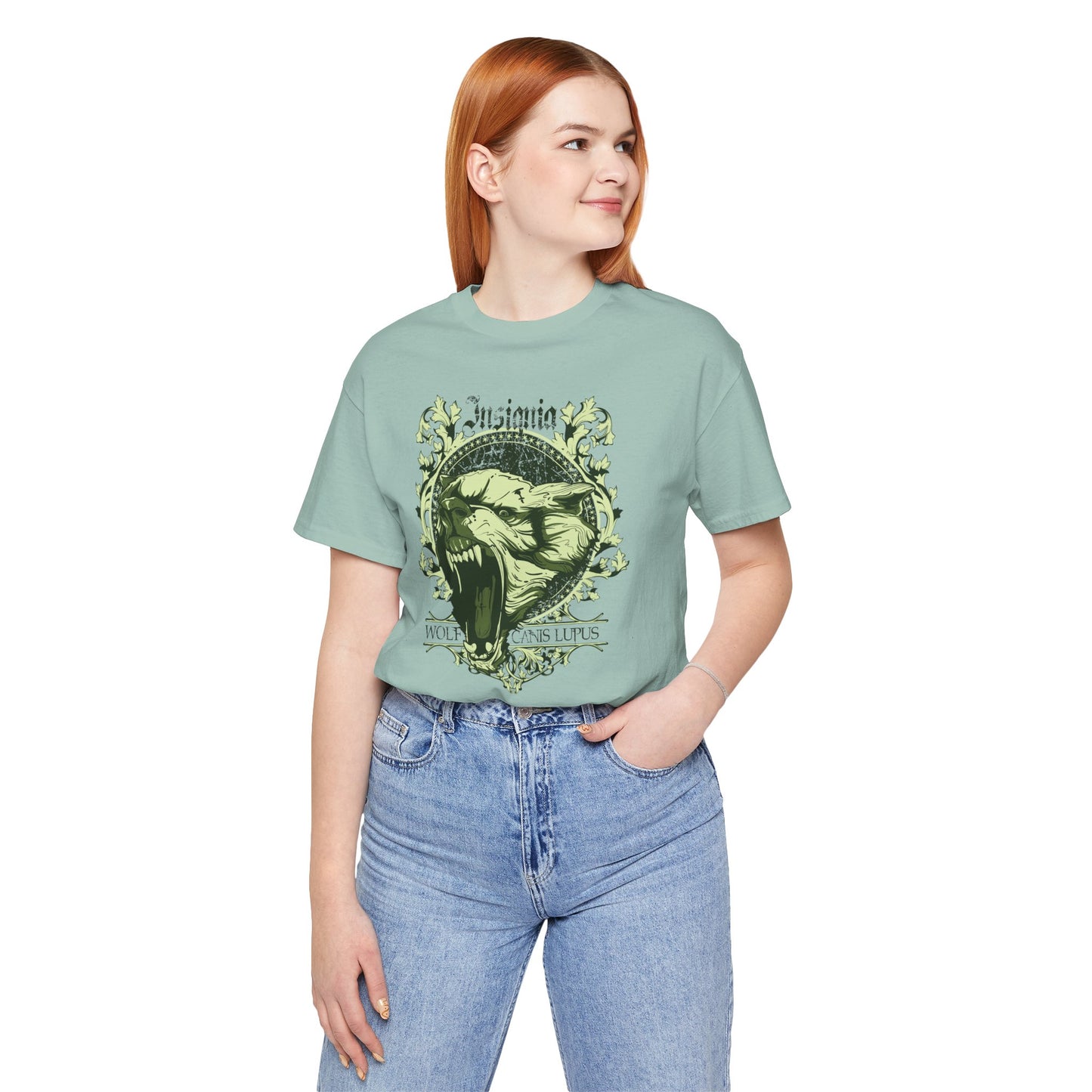 Howling Wolf Skull Tee Gothic Vintage Crest, Green Graphic Shirt Art-54