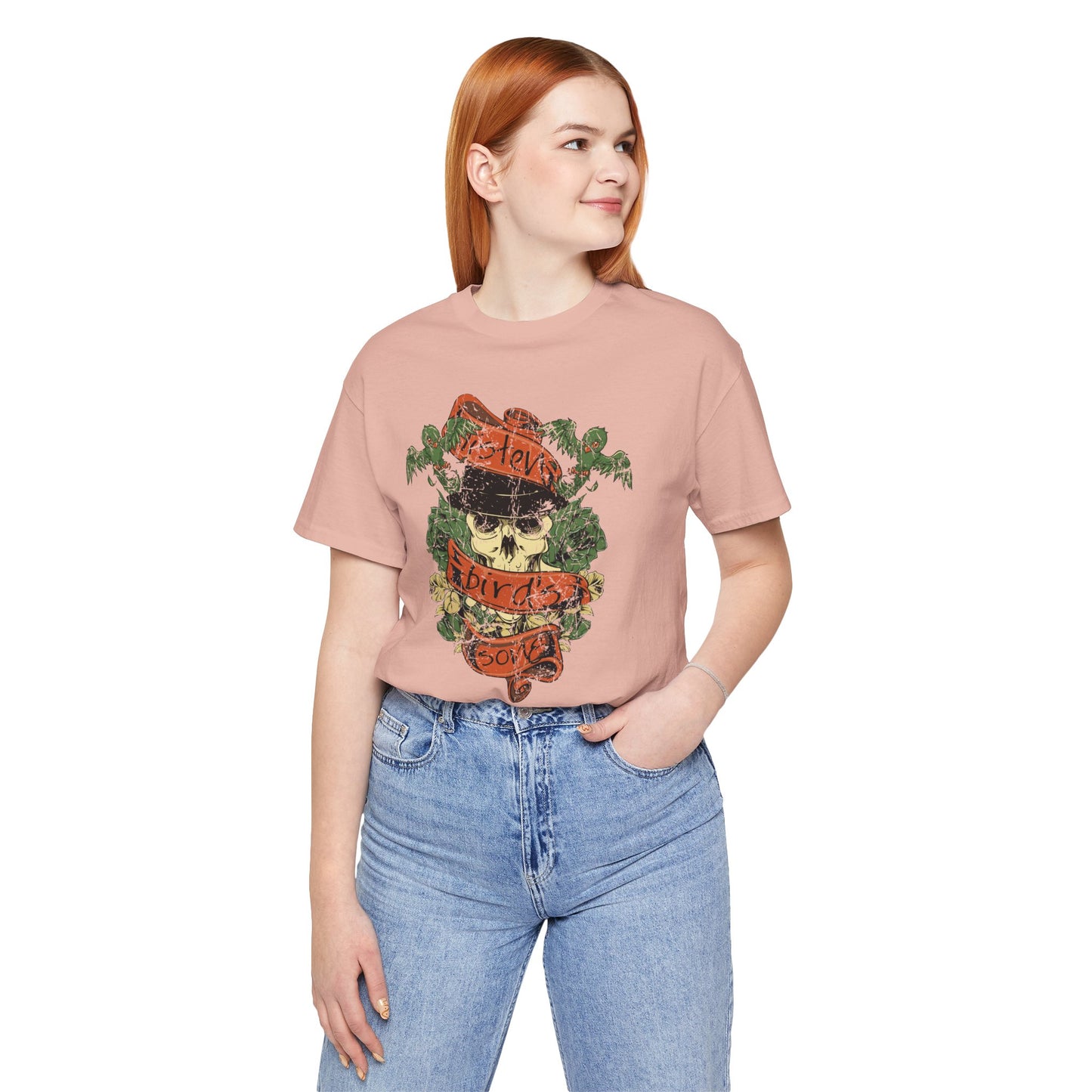 Skull Floral Tattoo Style Graphic Design Unisex Cotton T-Shirt Art-38