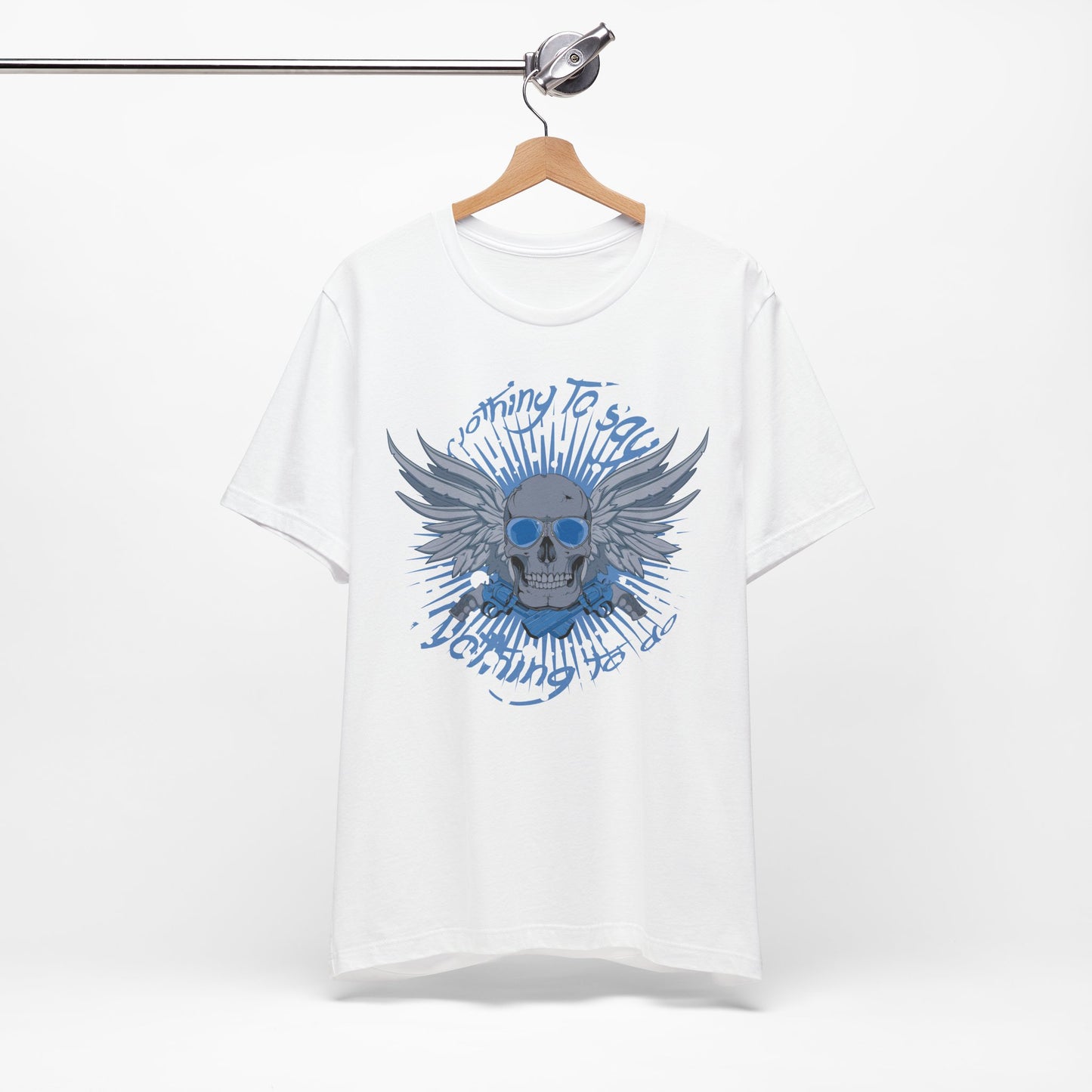 Winged Skull Graphic Tee | Blue Skull with Wings, Radiant Burst