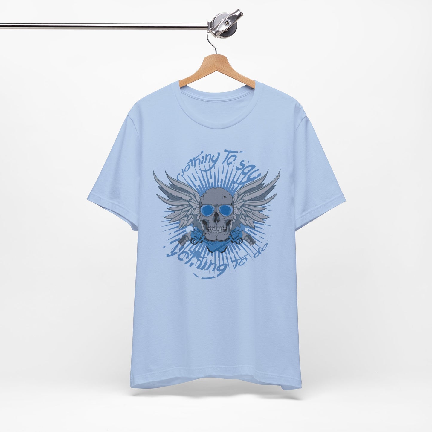 Winged Skull Graphic Tee | Blue Skull with Wings, Radiant Burst