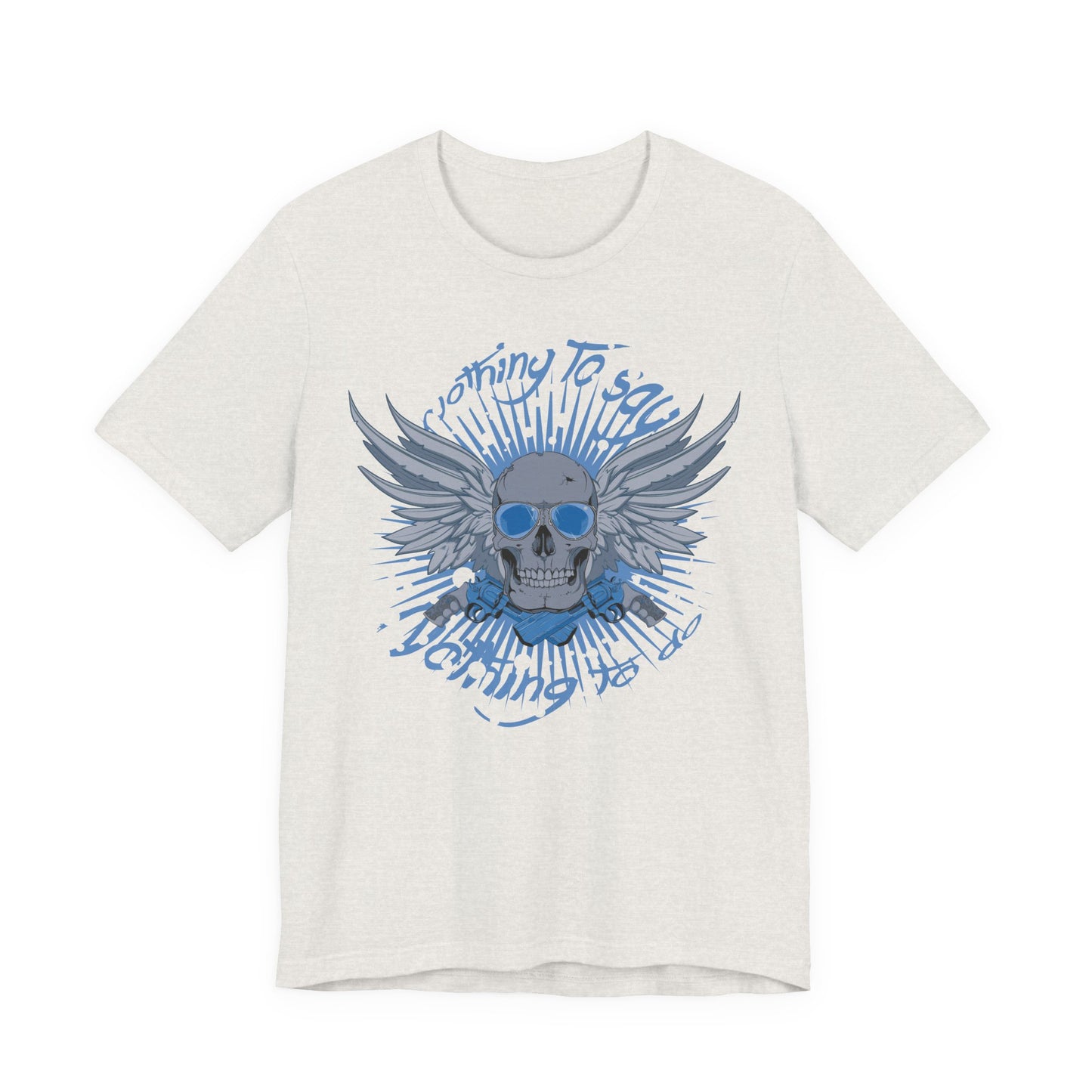 Winged Skull Graphic Tee | Blue Skull with Wings, Radiant Burst