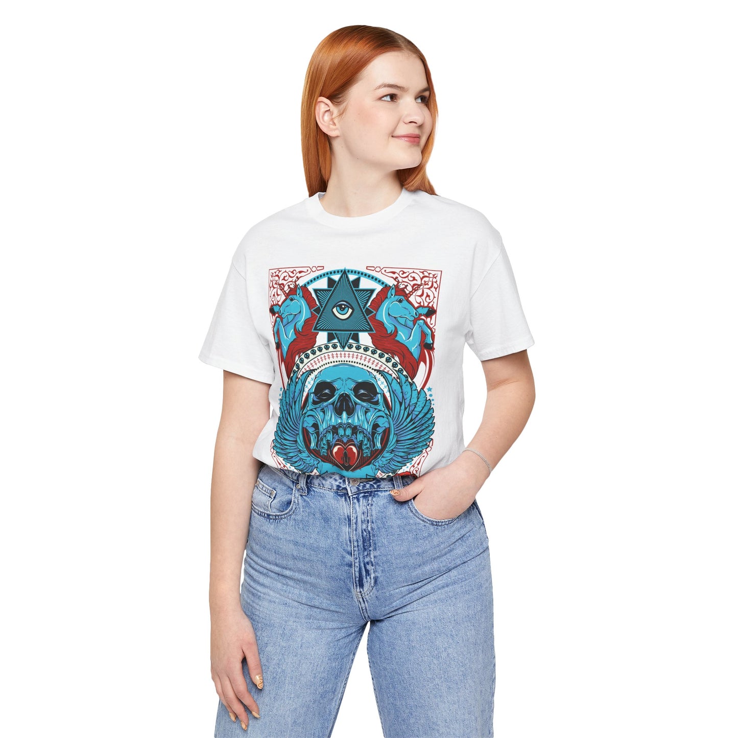 All-Seeing Skull Illustration Tee Winged Skull Third Eye Roses T-Shirt