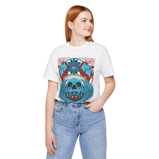 All-Seeing Skull Illustration Tee Winged Skull Third Eye Roses T-Shirt