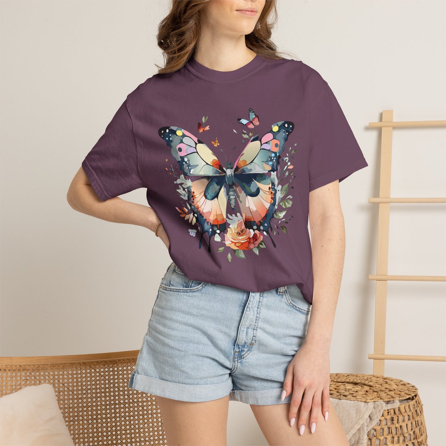 Butterfly Floral Print T-Shirt Botanical Design Unisex Heavy Cotton Tee b3