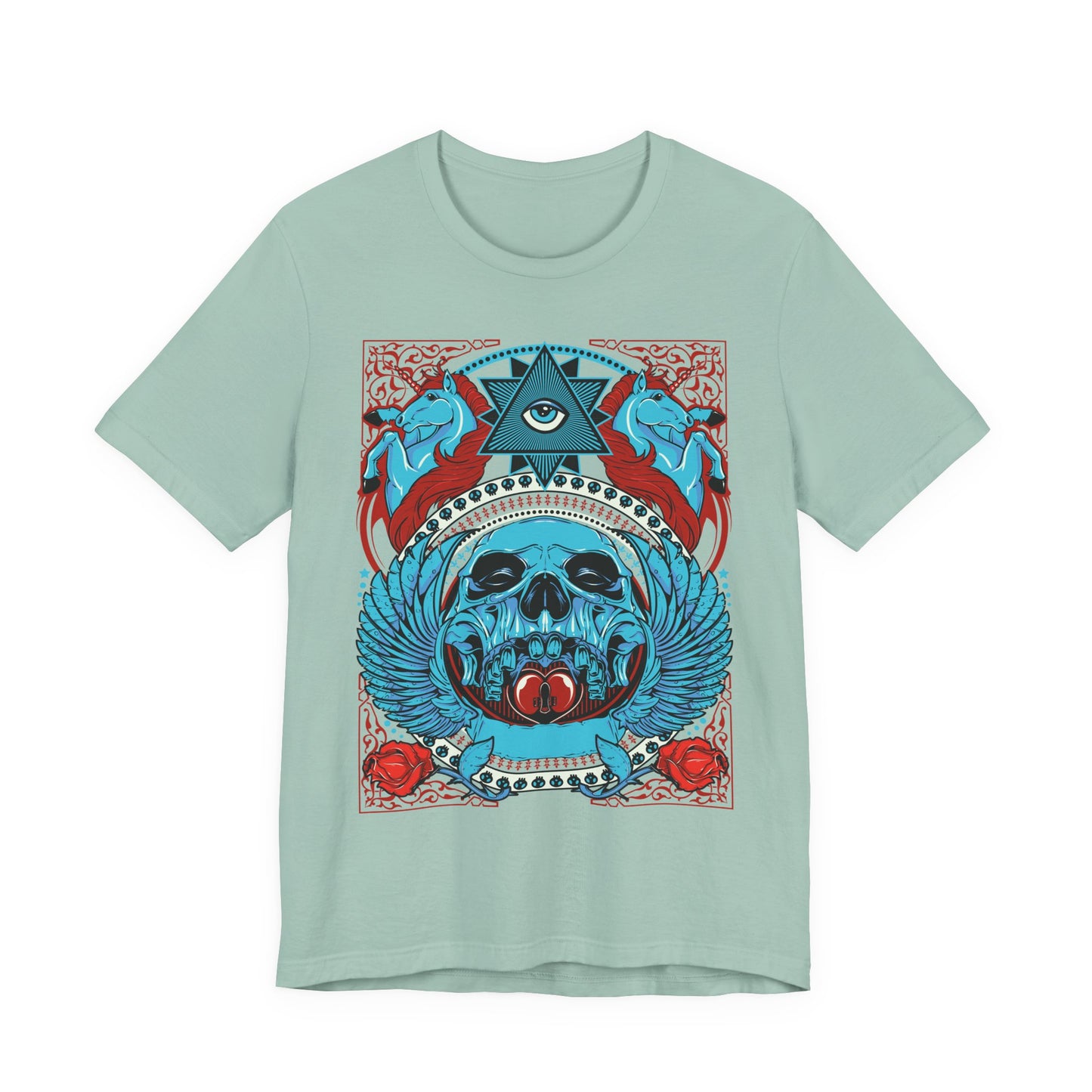 All-Seeing Skull Illustration Tee Winged Skull Third Eye Roses T-Shirt