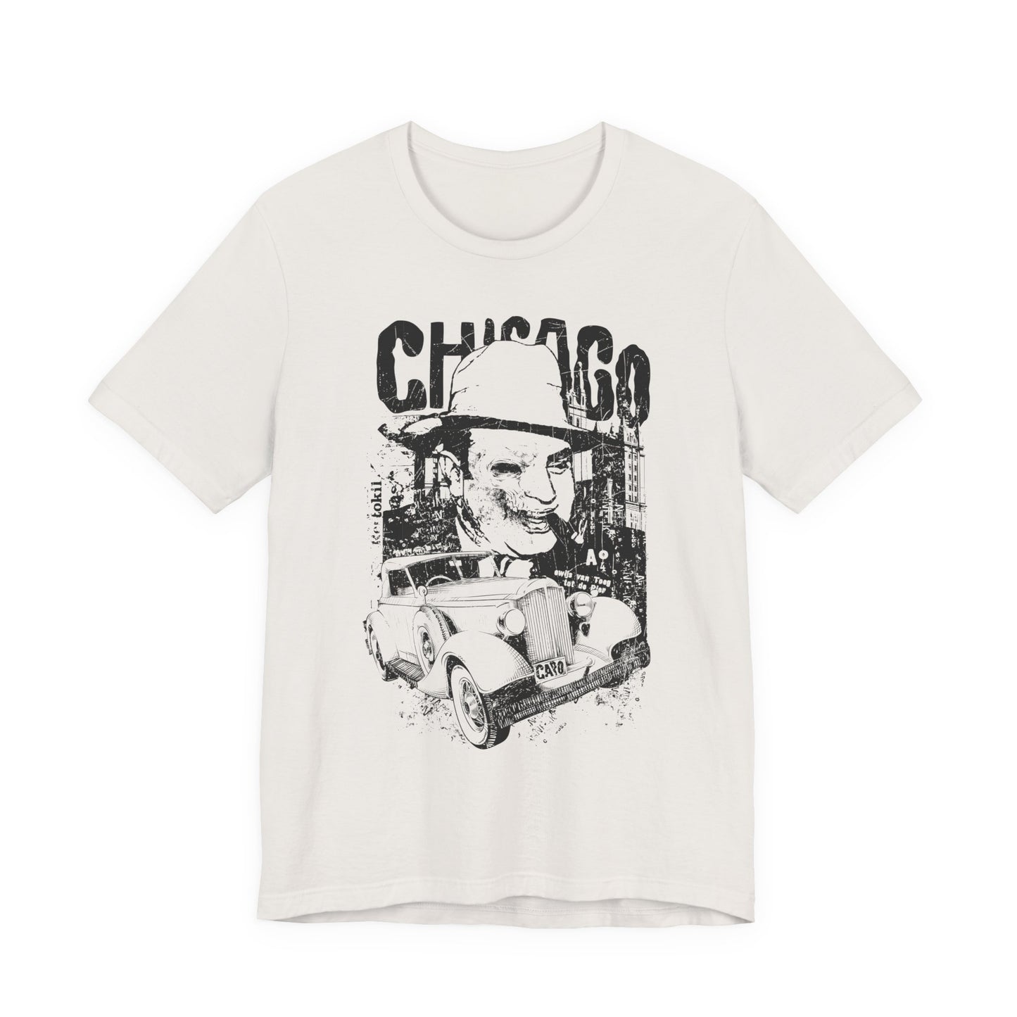 Chicago Retro Mobster Illustration Tee Vintage Car Cityscape Art Design T-Shirt A-8