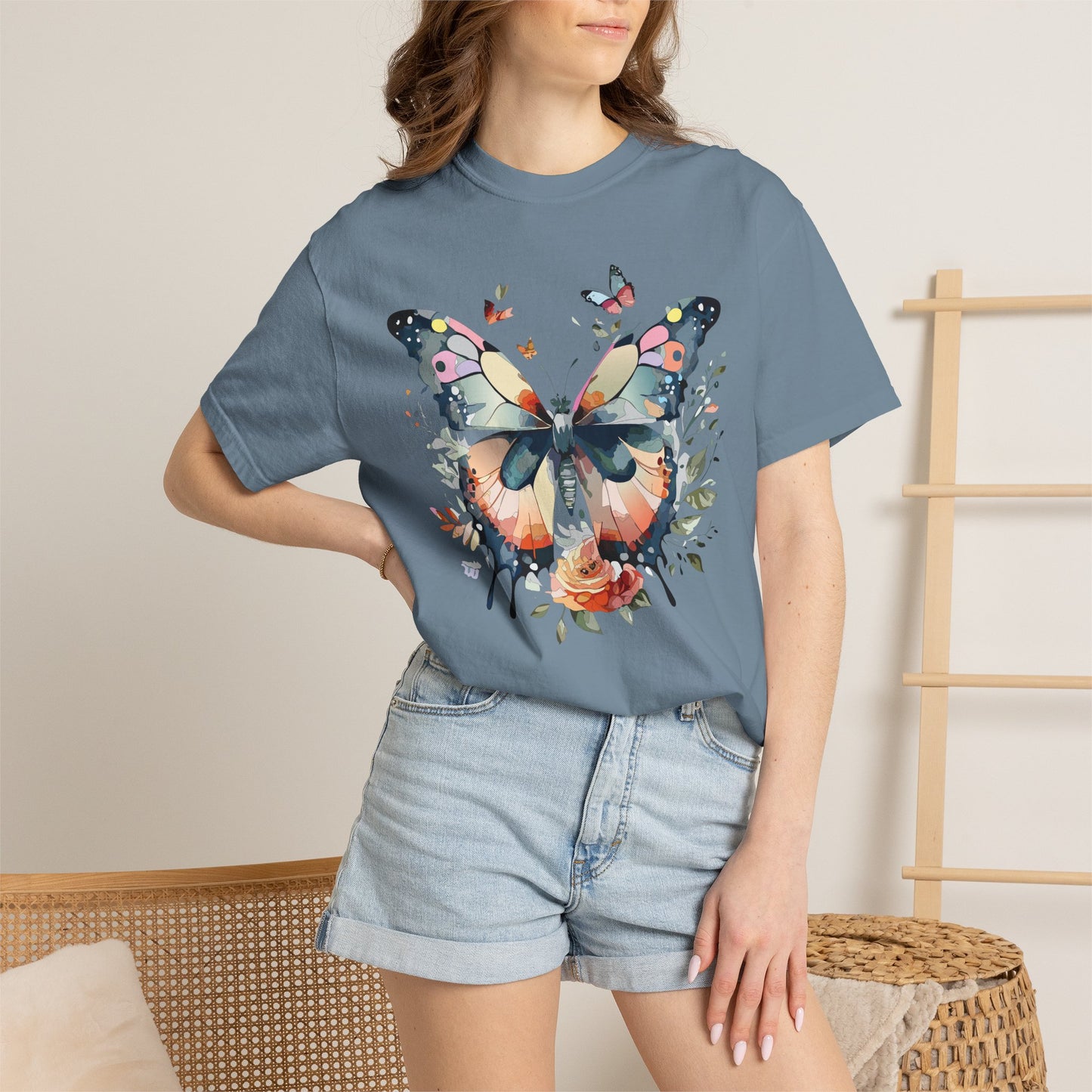 Butterfly Floral Print T-Shirt Botanical Design Unisex Heavy Cotton Tee b3