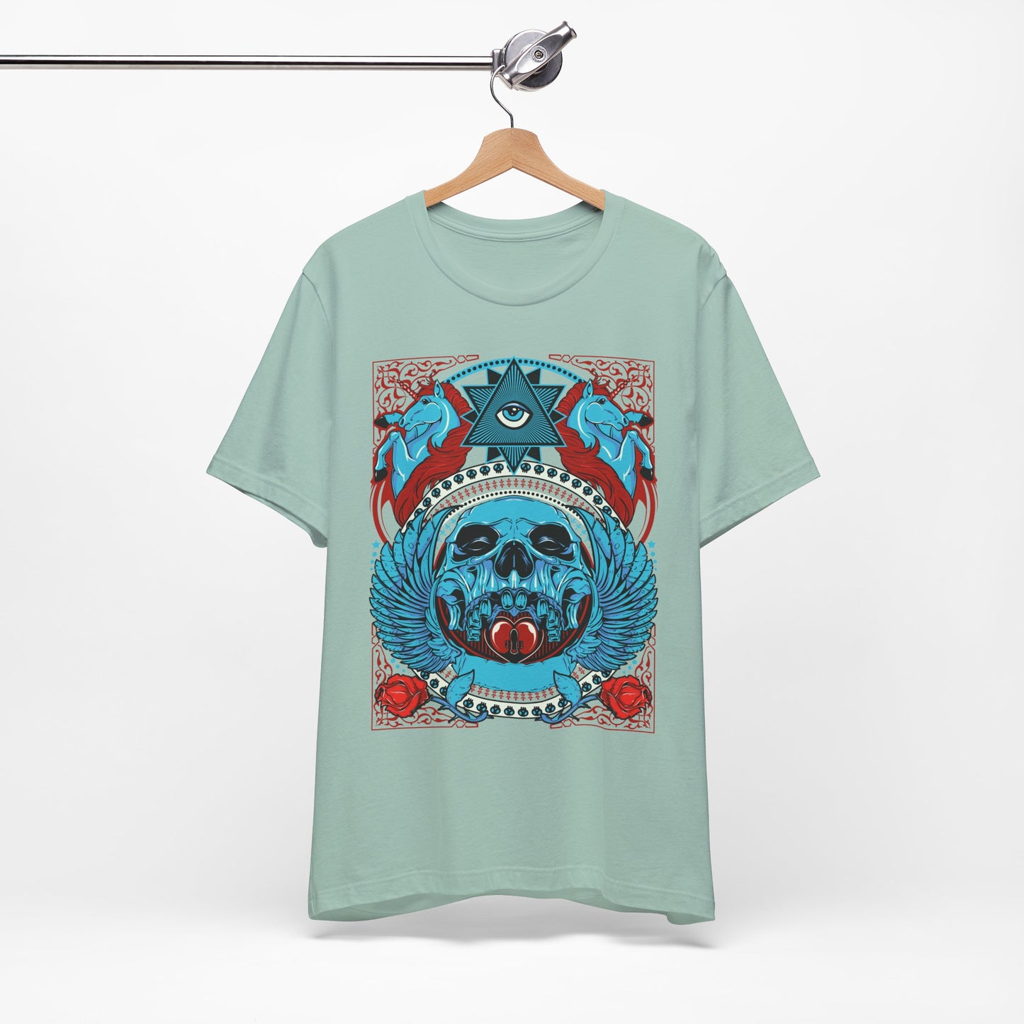All-Seeing Skull Illustration Tee Winged Skull Third Eye Roses T-Shirt
