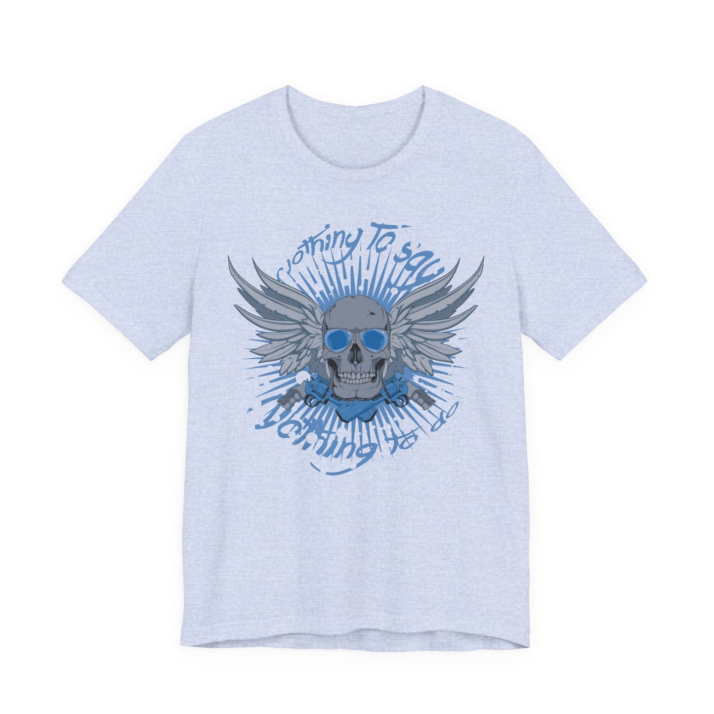 Winged Skull Graphic Tee | Blue Skull with Wings, Radiant Burst