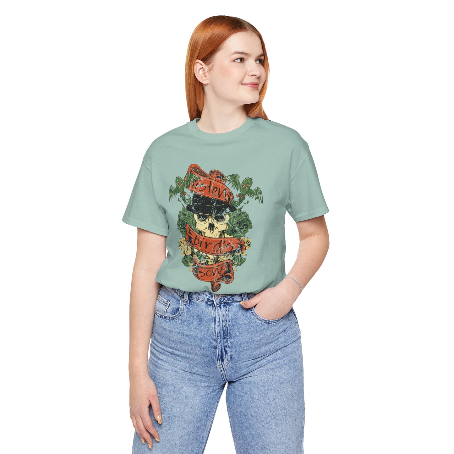 Skull Floral Tattoo Style Graphic Design Unisex Cotton T-Shirt Art-38